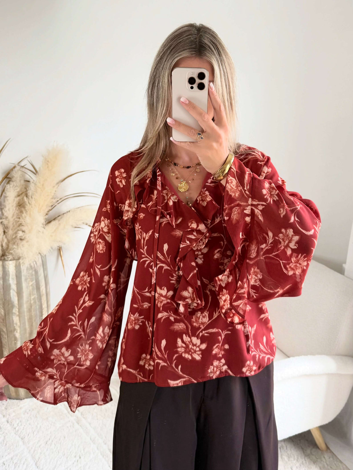 Chemisier bohème terracotta à imprimé fleuri Gaby, disponible du S au 4XL