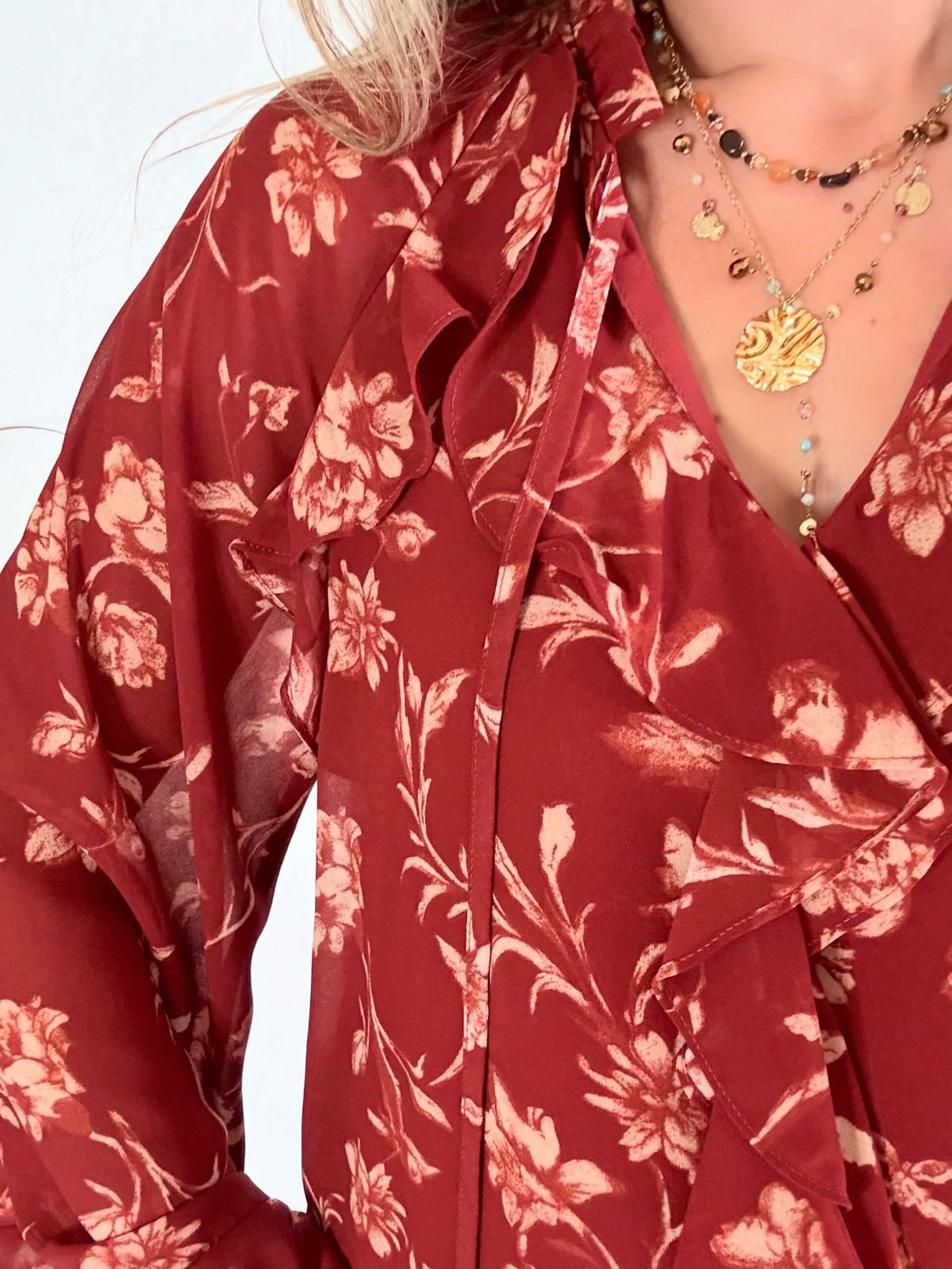 Chemisier bohème terracotta à imprimé fleuri Gaby, disponible du S au 4XL