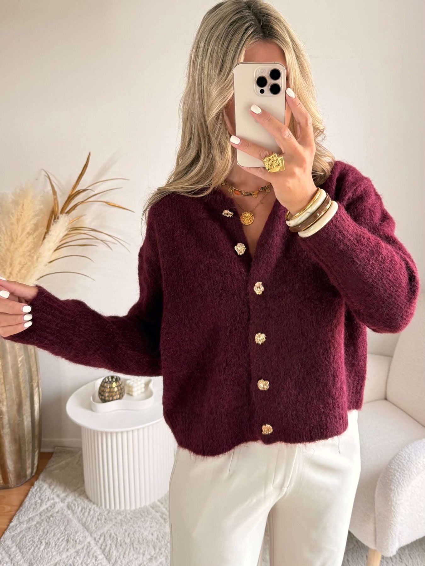Cardigan bordeaux boutons bijoux - Gabi