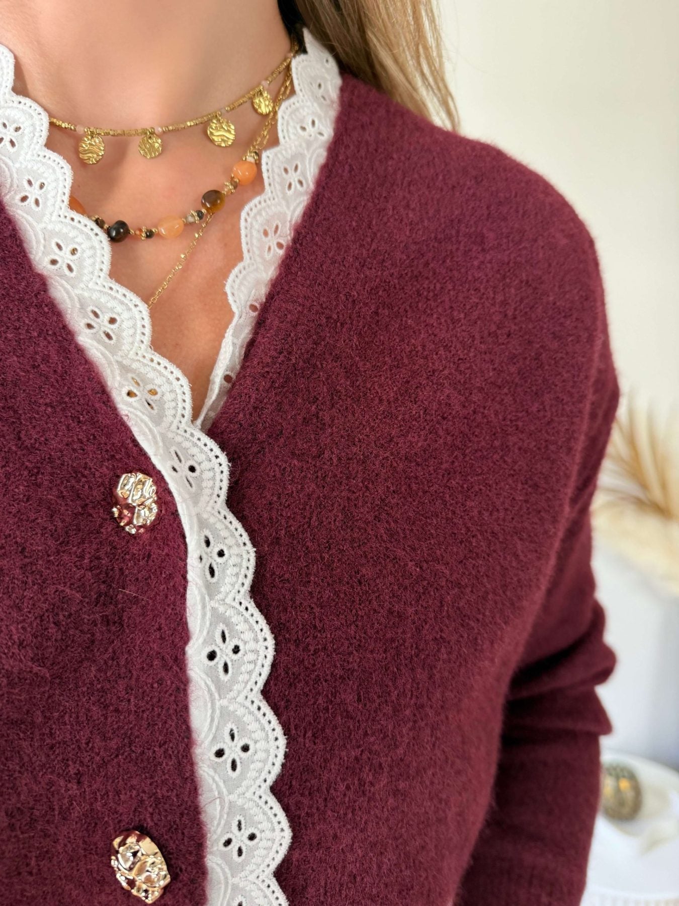 Cardigan bordeaux détail dentelle