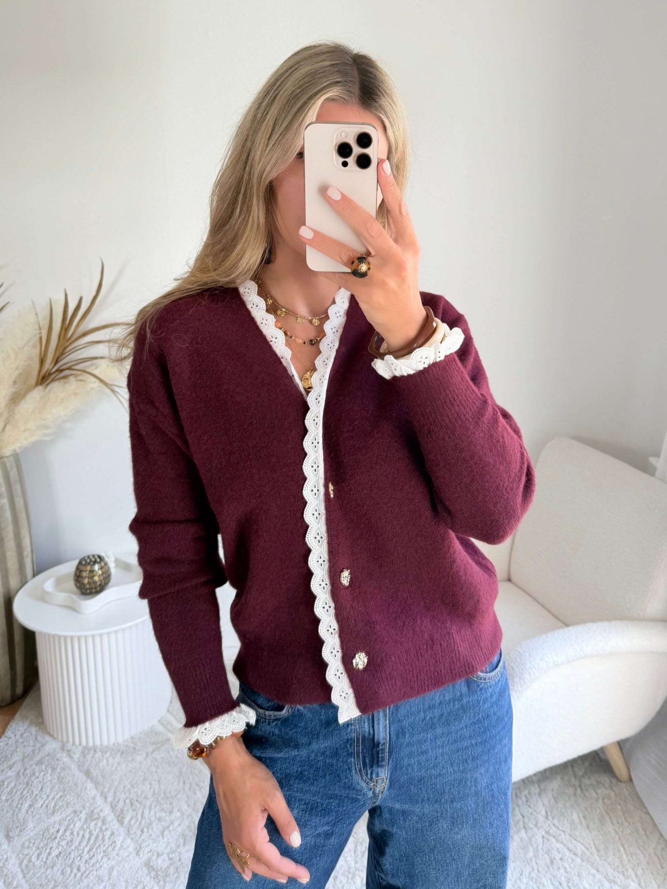 Cardigan bordeaux détail dentelle
