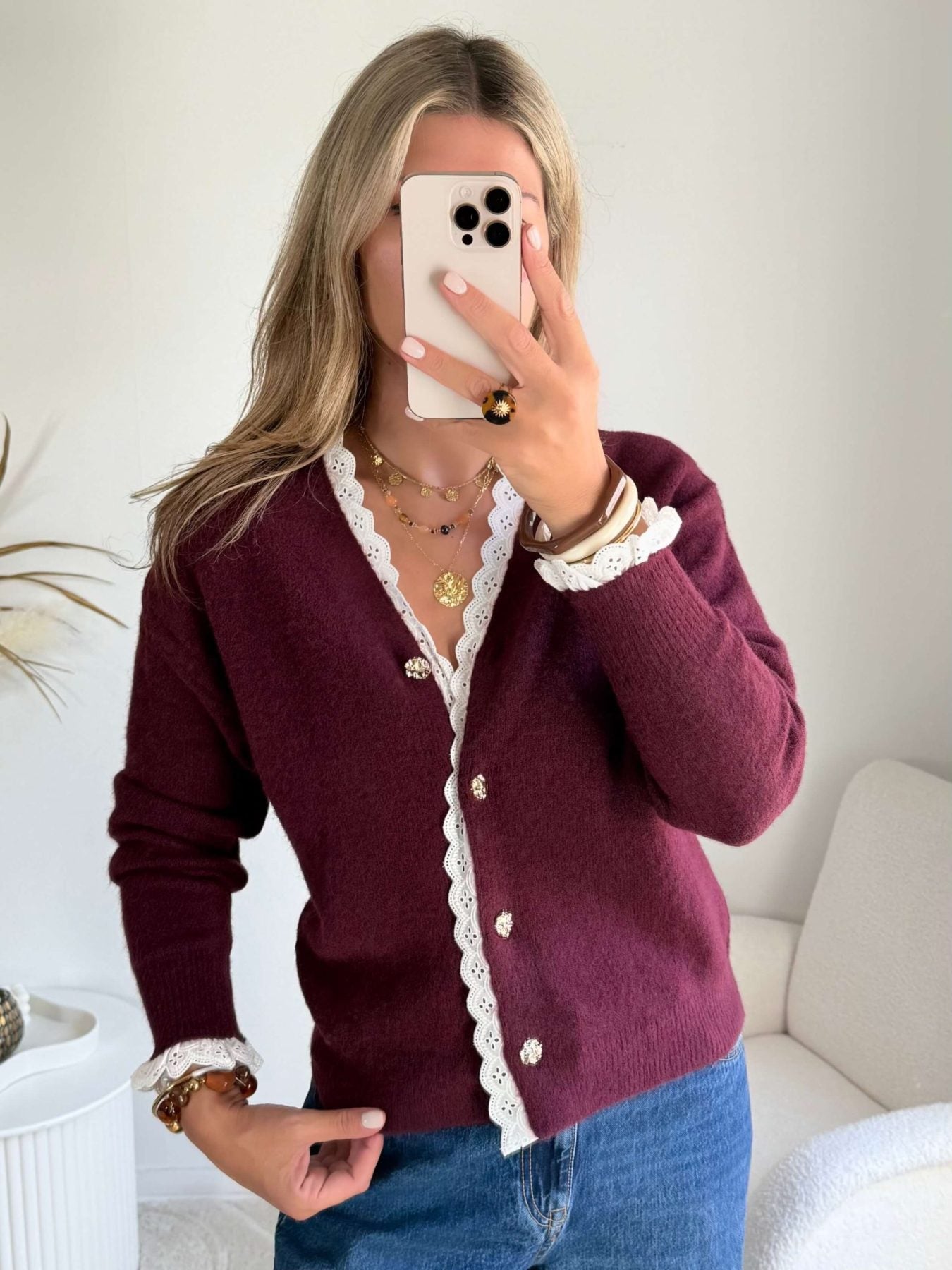 Cardigan bordeaux détail dentelle