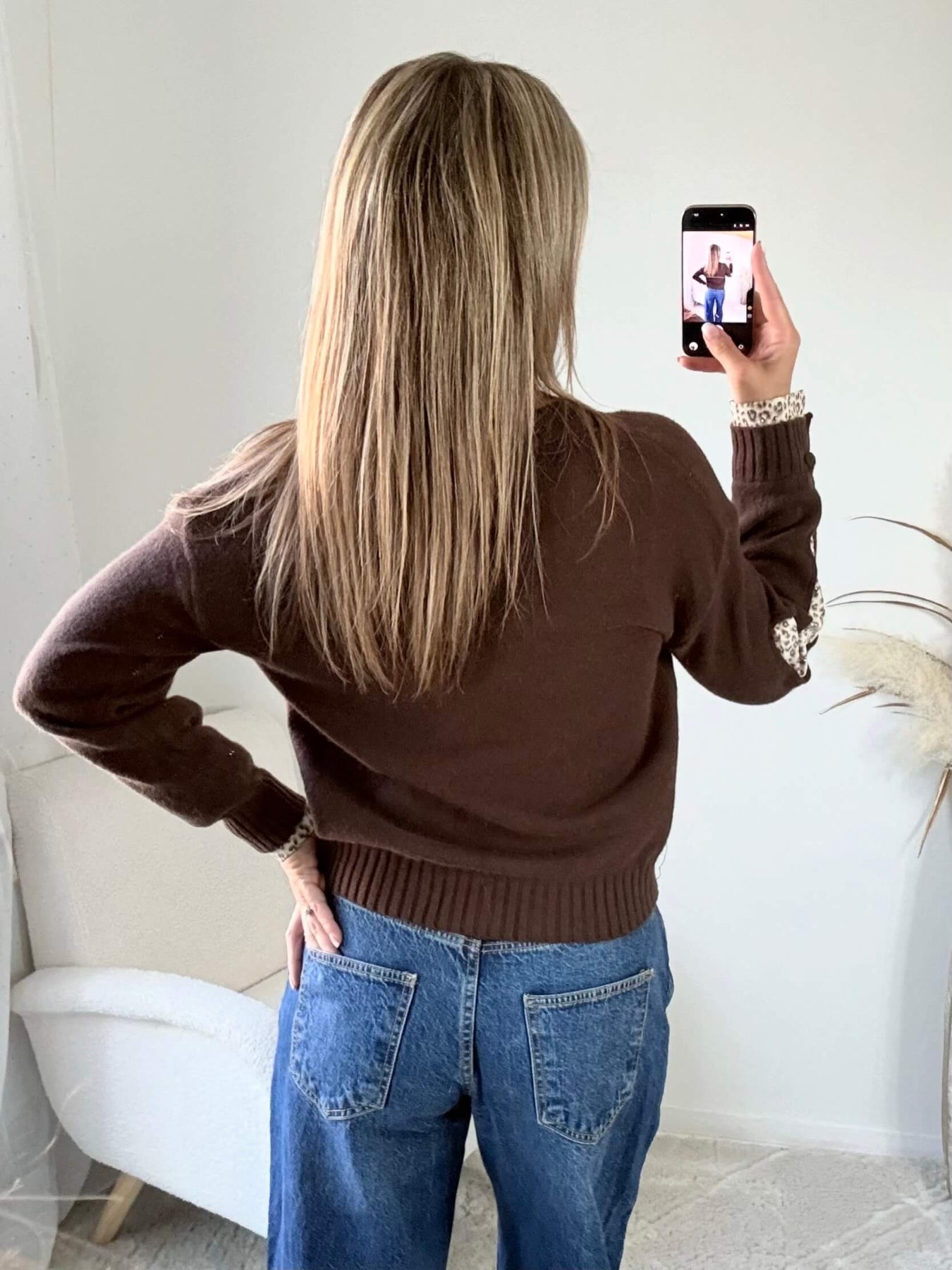 Cardigan marron Colette à cœurs léopard, disponible du 36 au 46