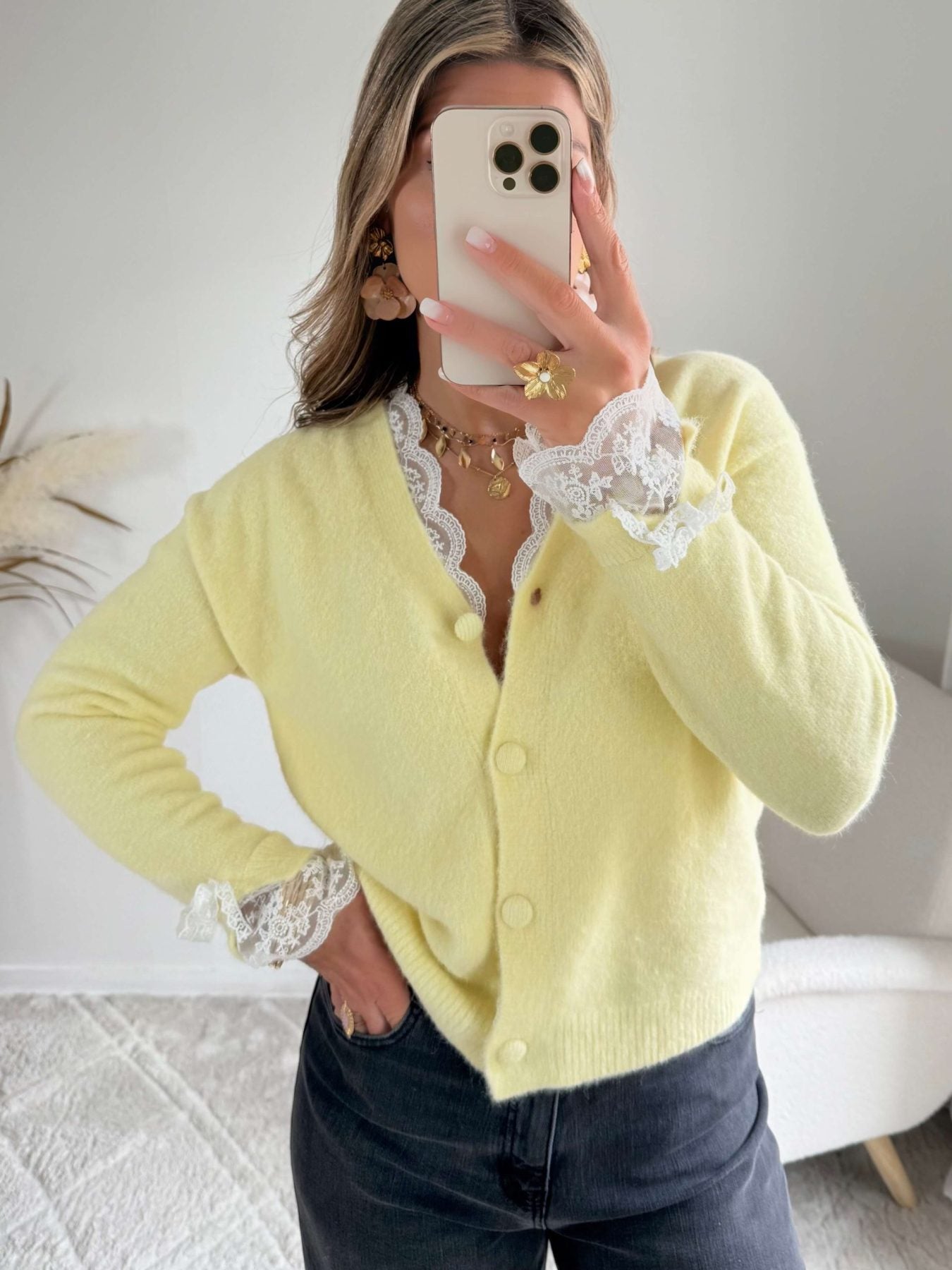 Cardigan dentelle jaune - Elina