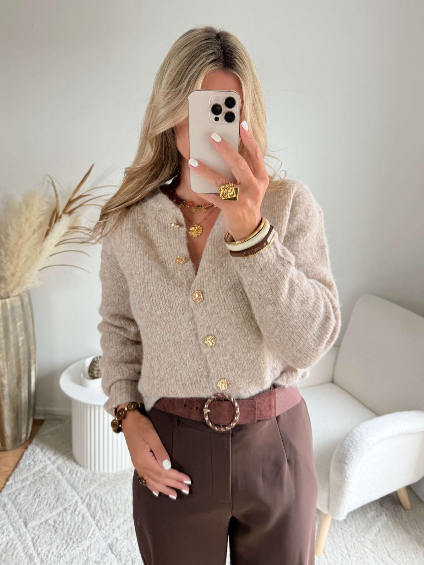 Cardigan taupe boutons bijoux - Gabi