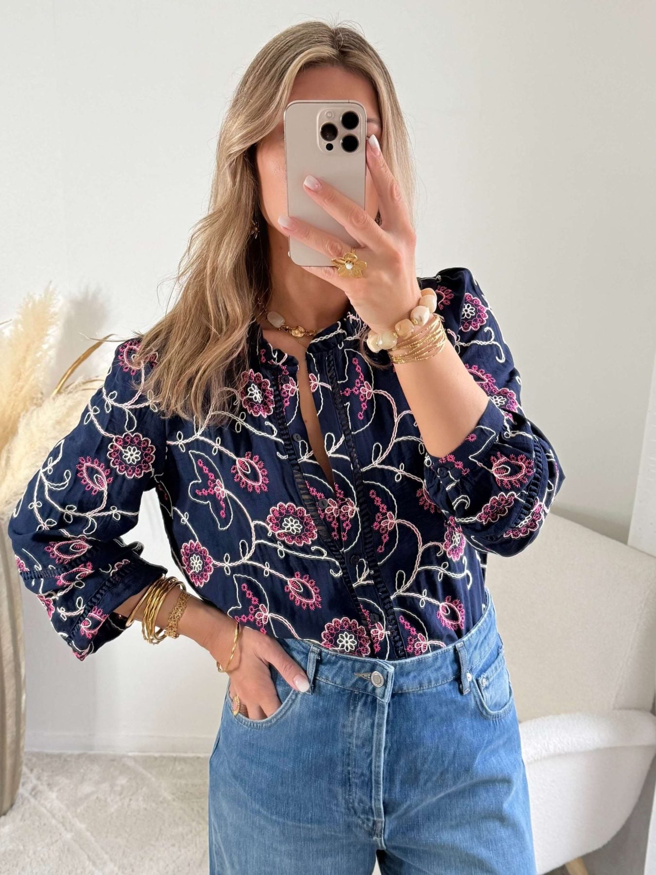 Chemisier marine brodé - Ysée