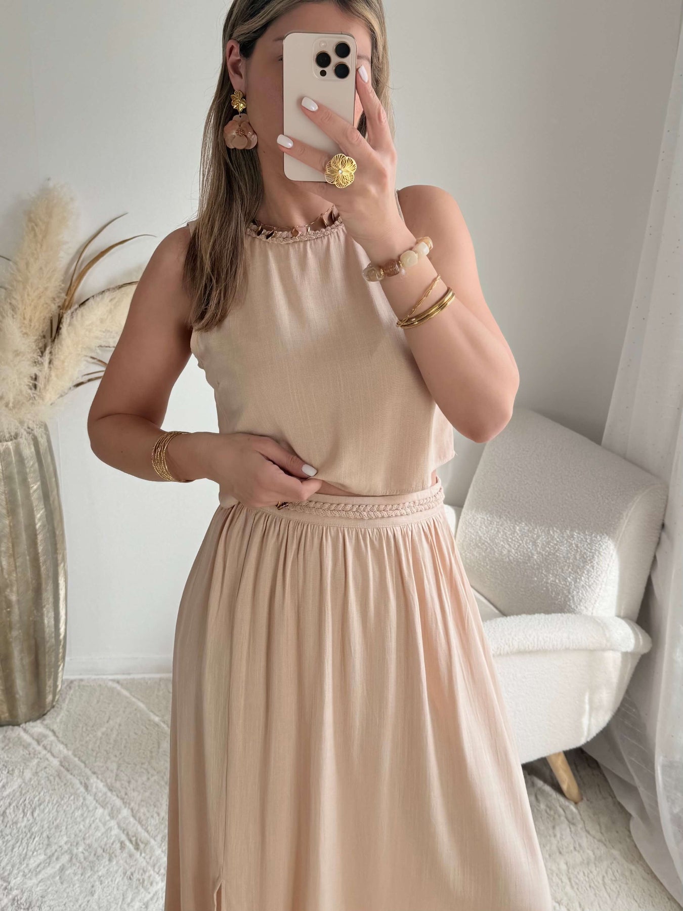 Ensemble haut fluide et jupe beige fluide en viscose - Lola