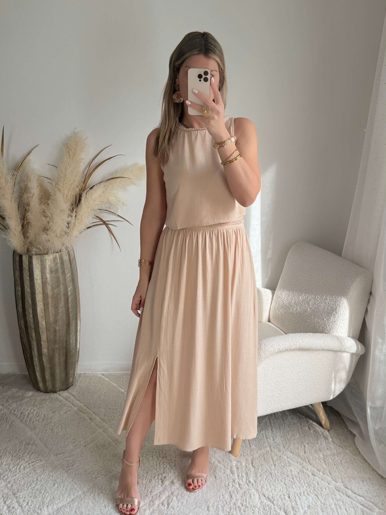 Ensemble haut fluide et jupe beige fluide en viscose - Lola