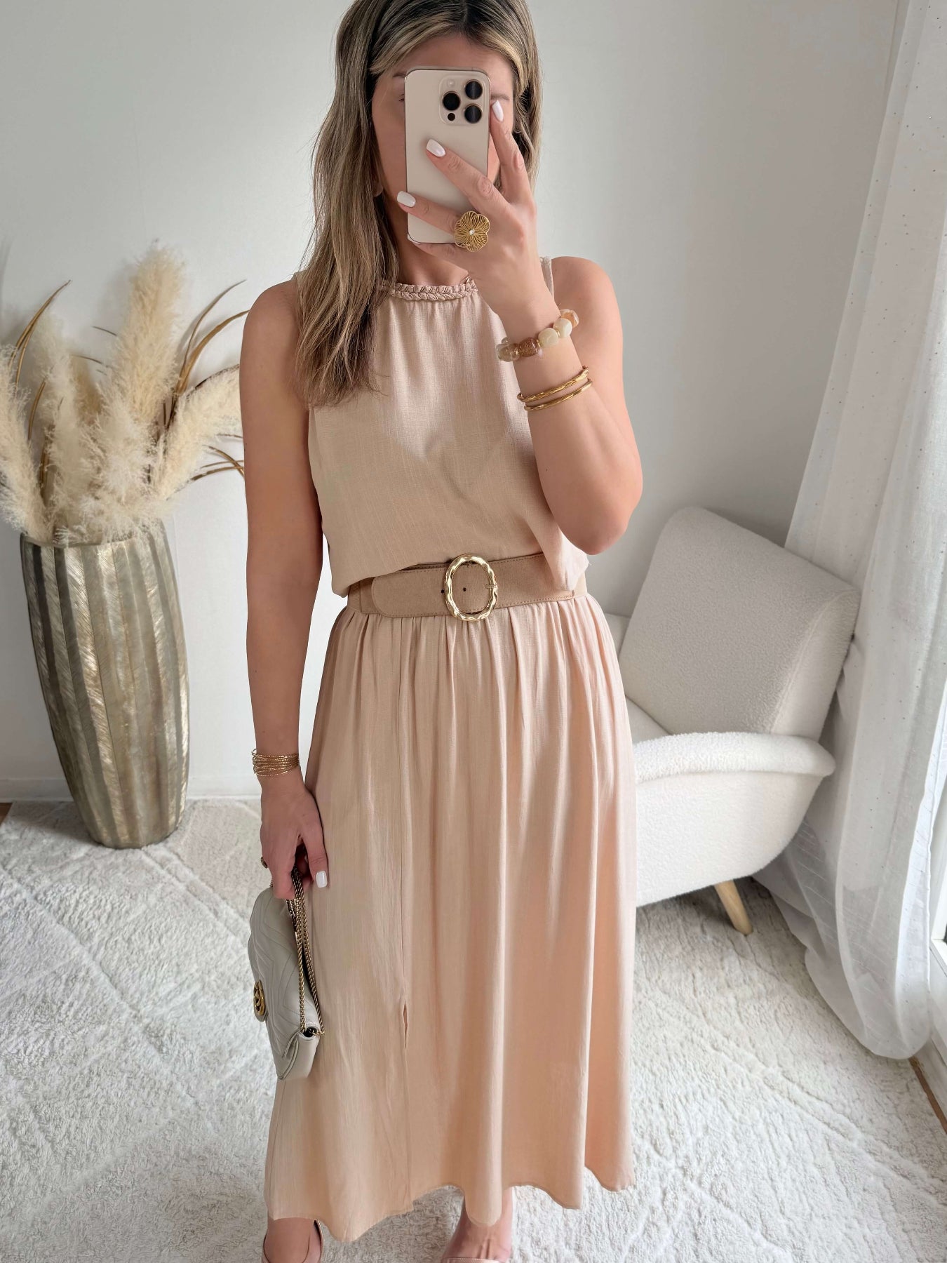 Ensemble haut fluide et jupe beige fluide en viscose - Lola