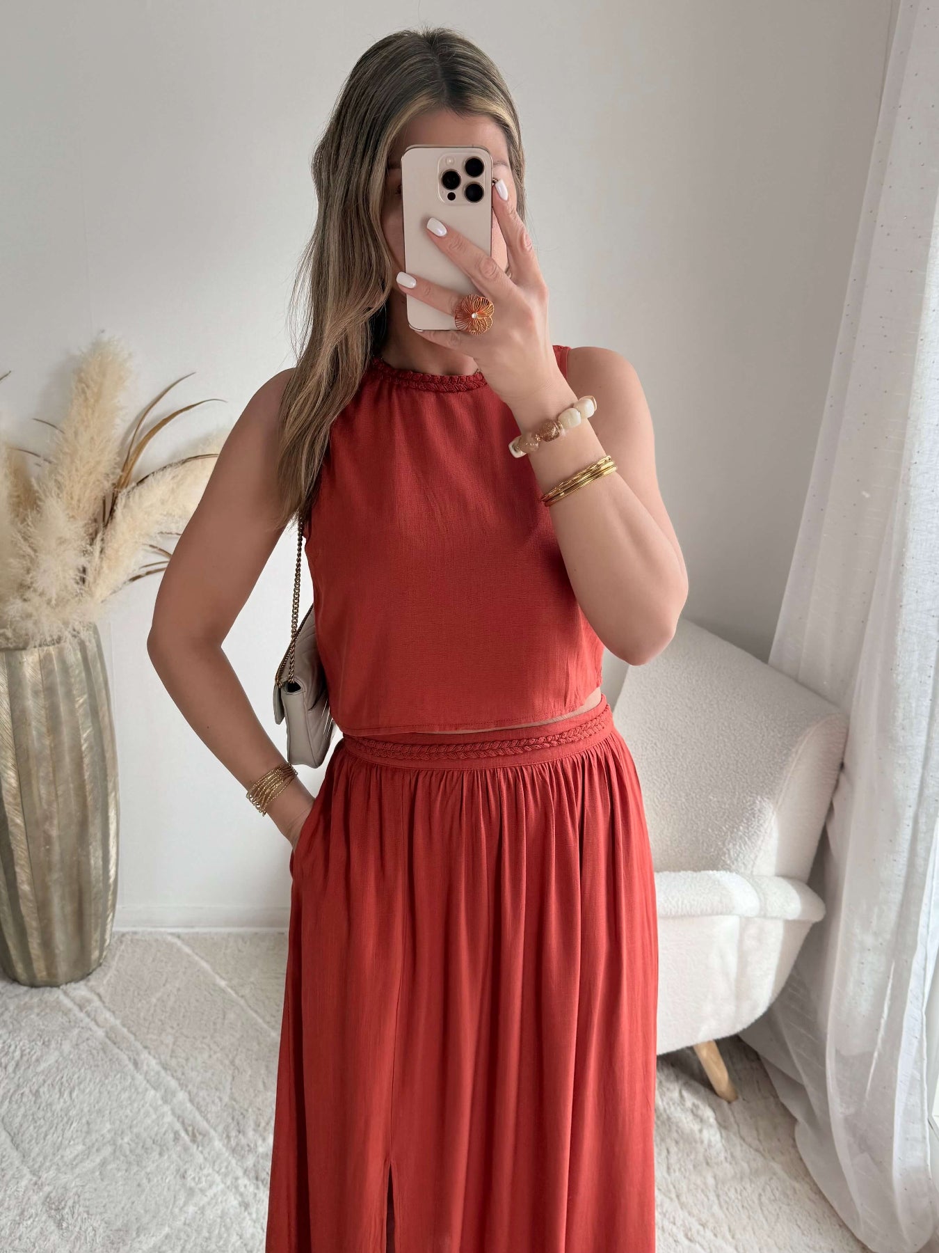 Ensemble haut et jupe Lola rouille - haut fluide sans manches et jupe fendue taille élastique