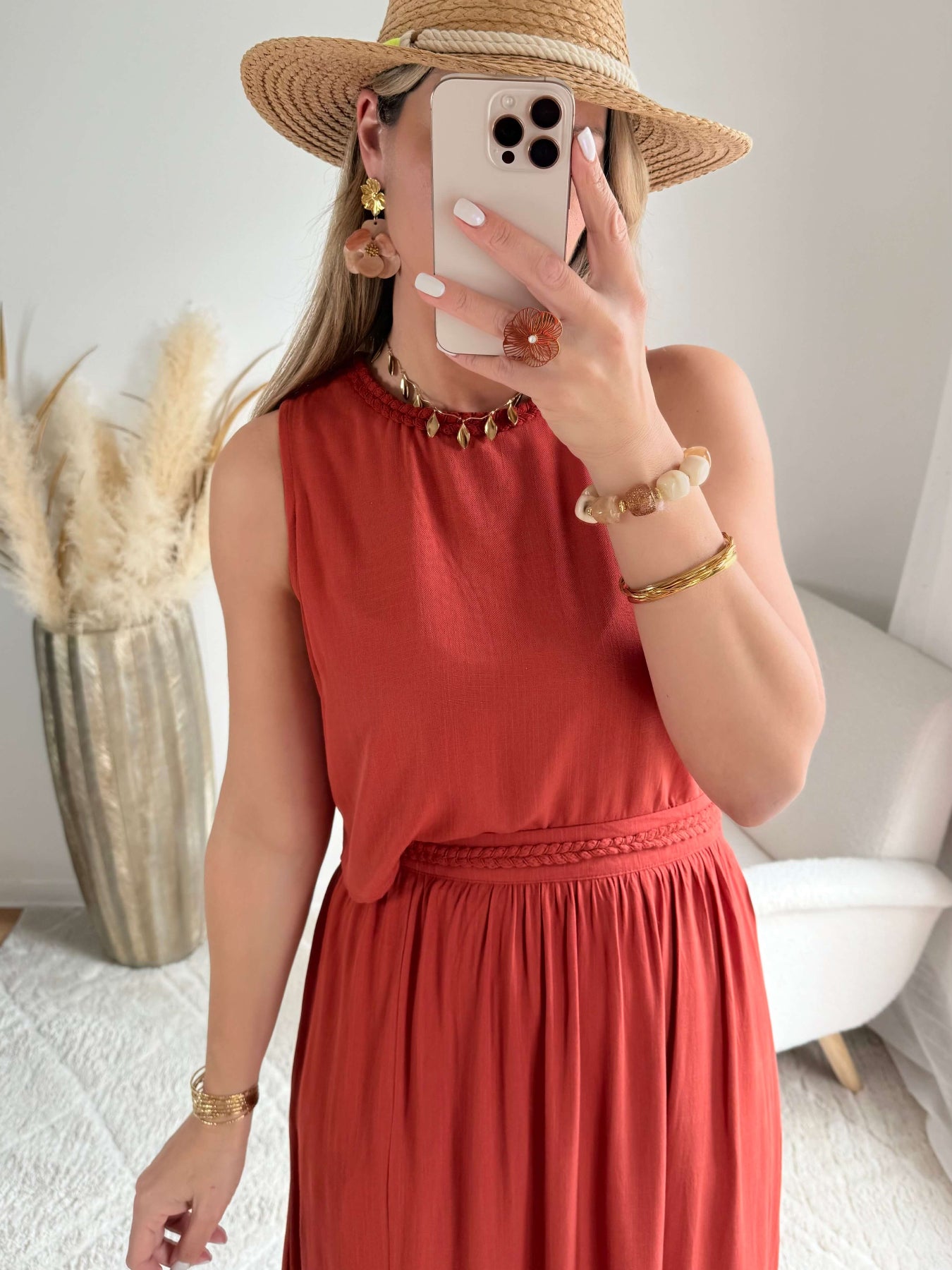 Ensemble haut et jupe Lola rouille - haut fluide sans manches et jupe fendue taille élastique