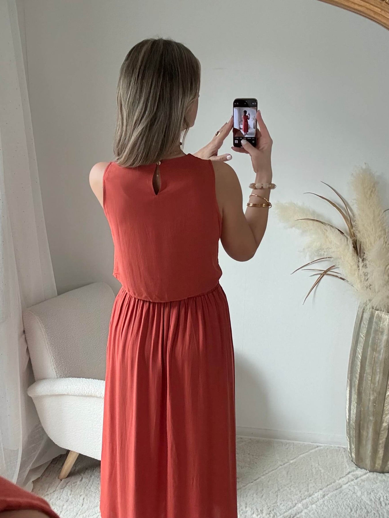 Ensemble haut et jupe Lola rouille - haut fluide sans manches et jupe fendue taille élastique