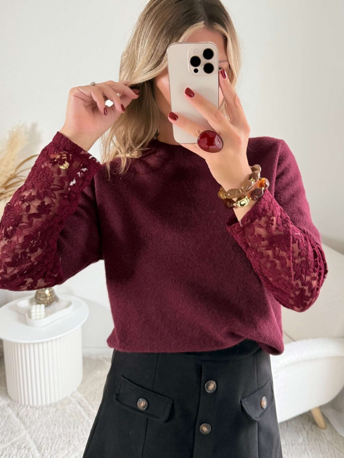 Pull manches dentelle bordeaux