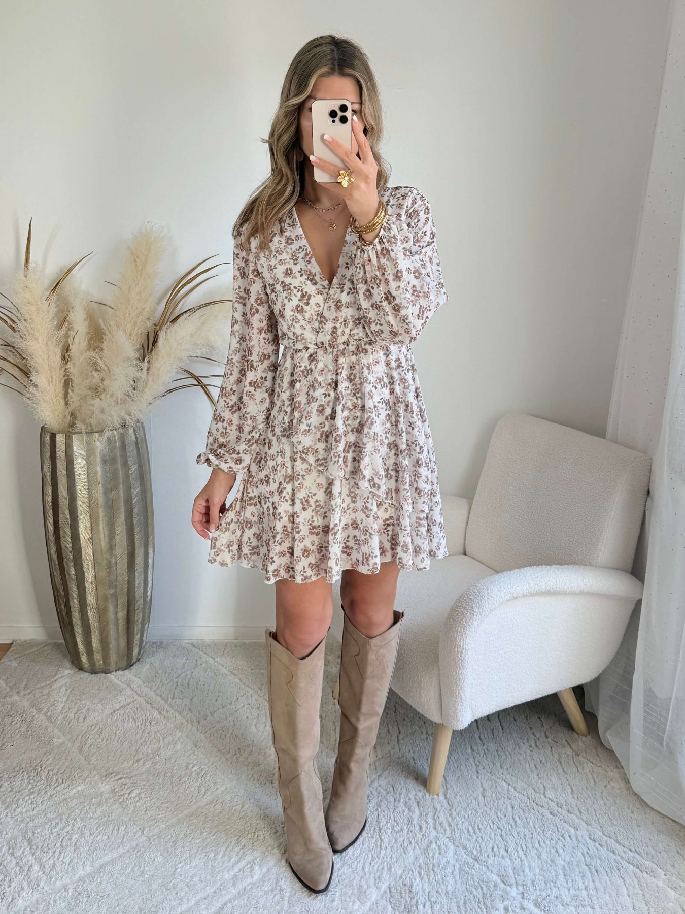 Robe fleurie écru taupe Cassie bohème chic Easy Dressing