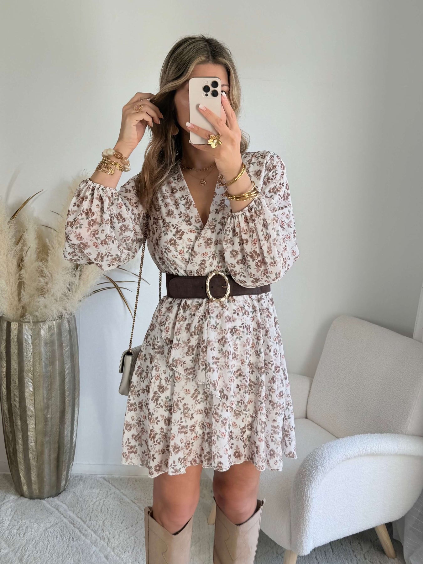Robe fleurie écru taupe Cassie bohème chic Easy Dressing