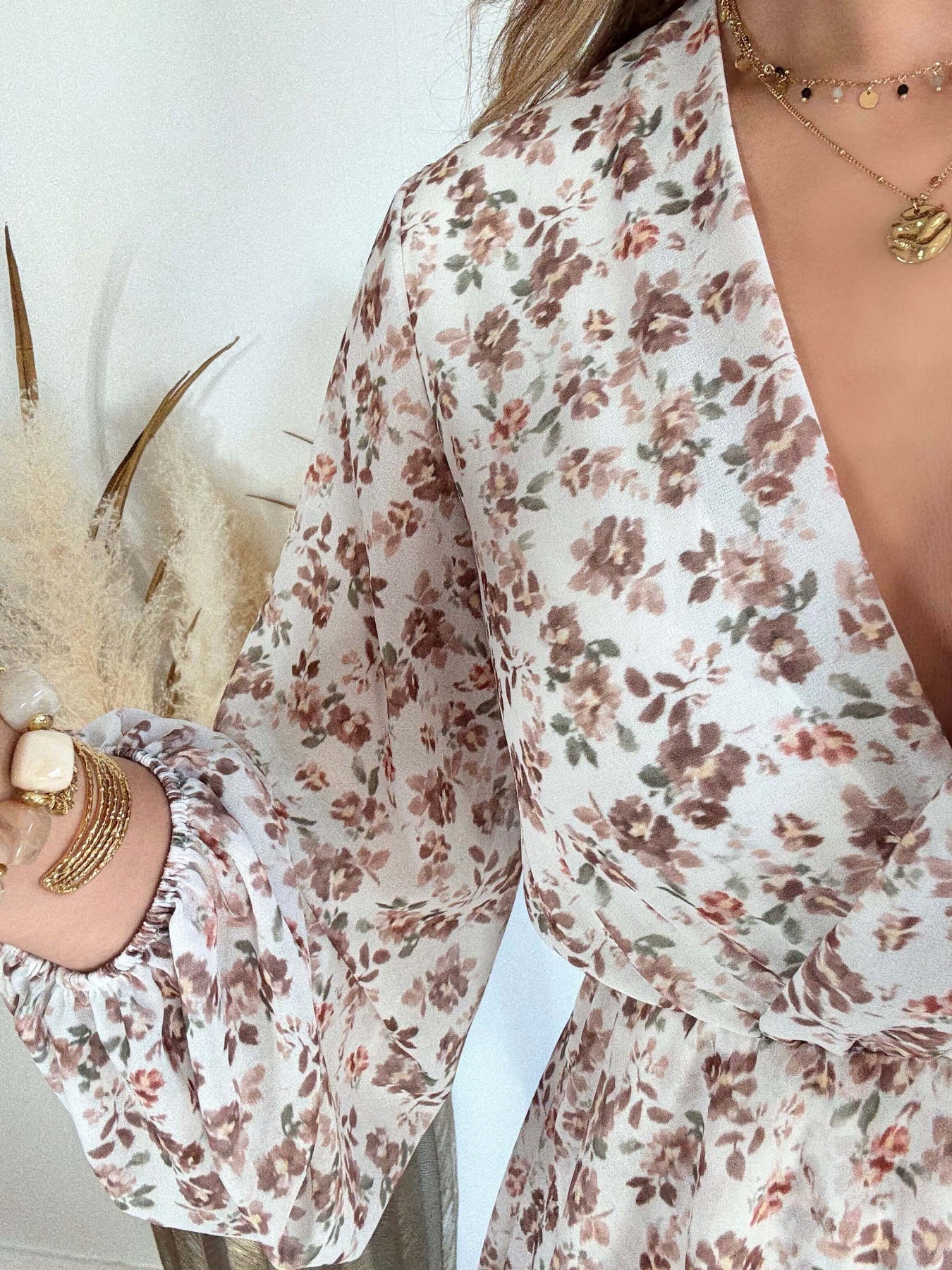 Robe fleurie écru taupe Cassie bohème chic Easy Dressing