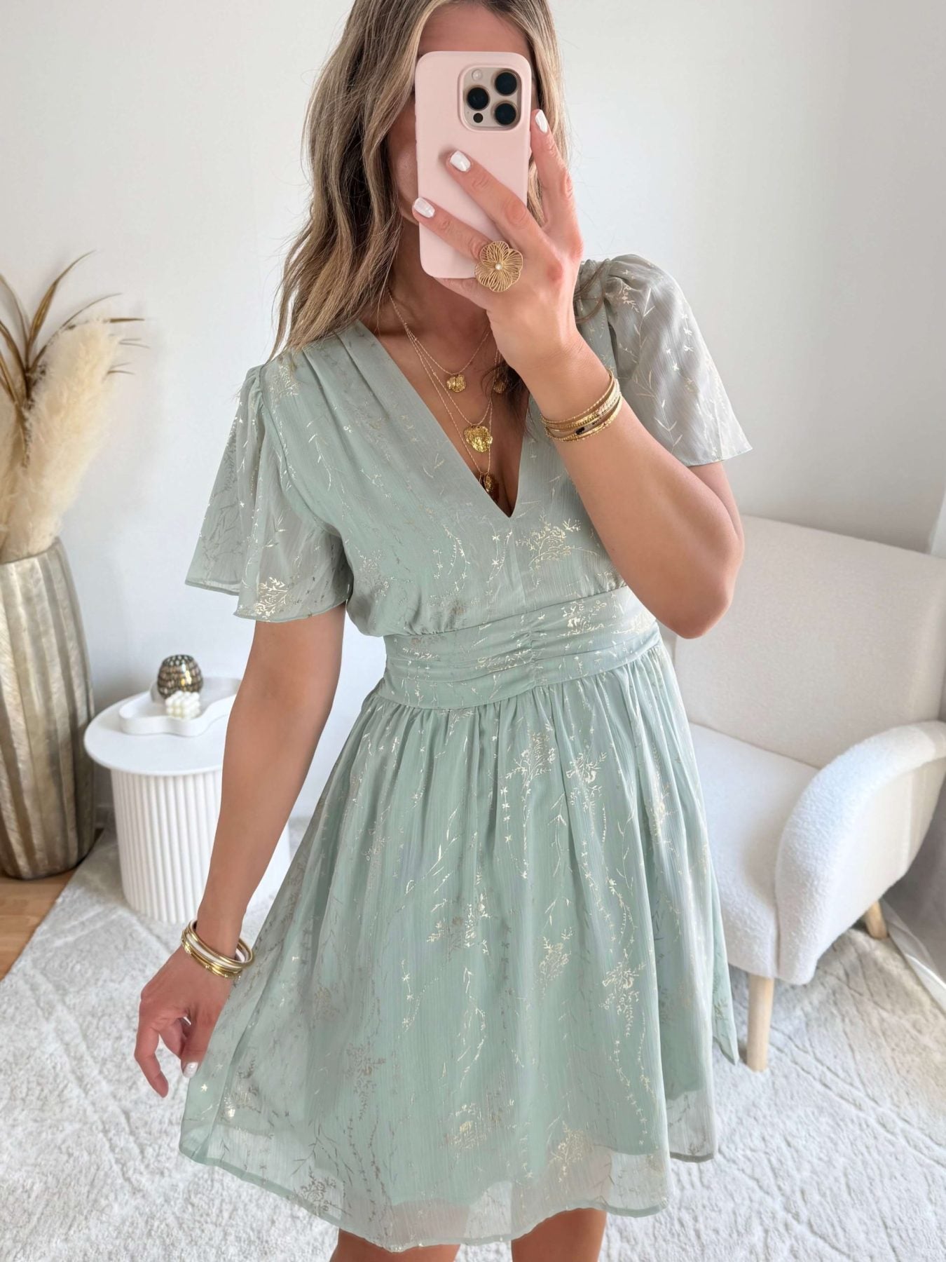 Robe dos nu verte dorée - Jeanne