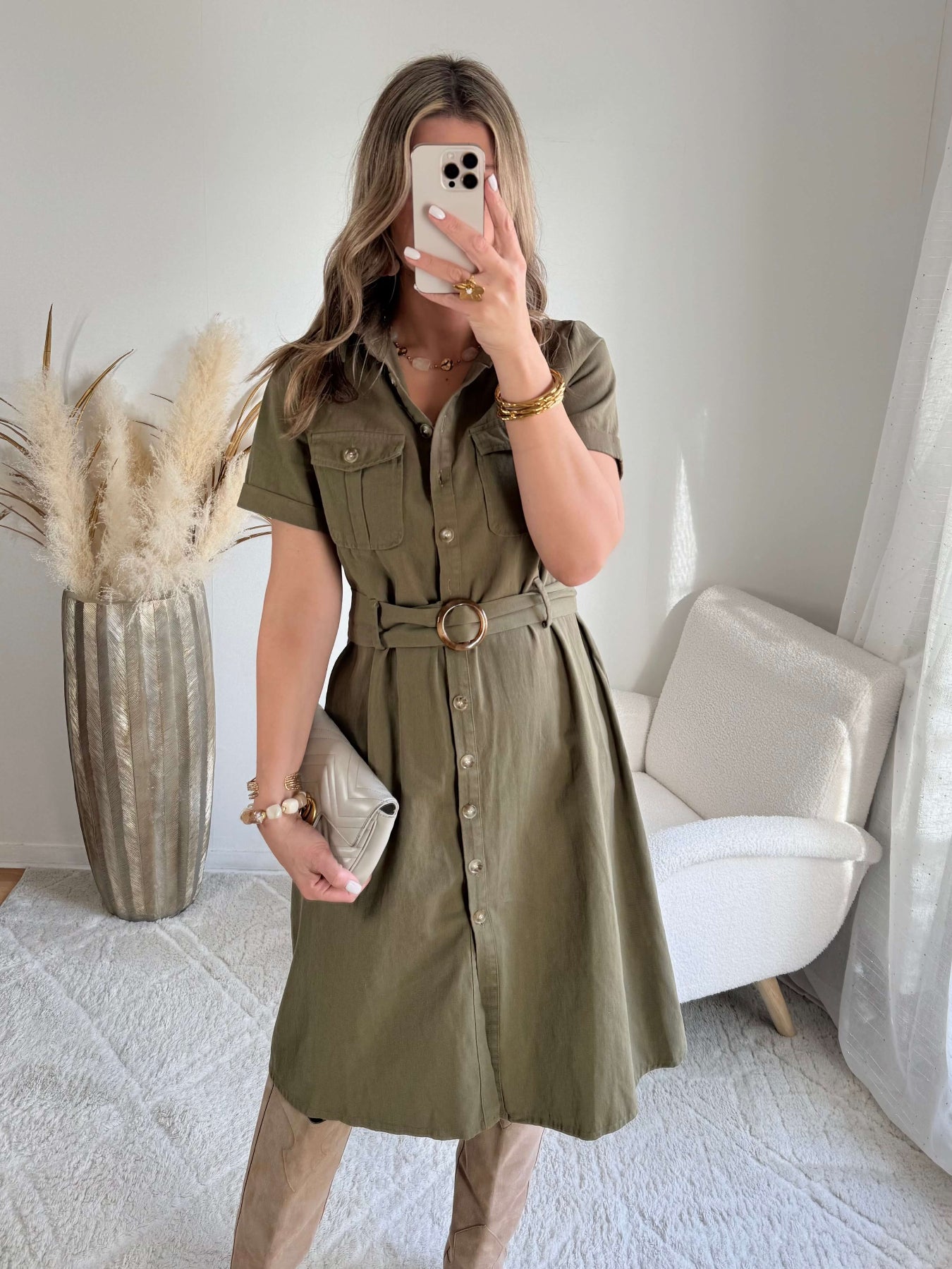 Robe chemise kaki coupe midi taille marquée élégante du 36 au 50 Easy Dressing