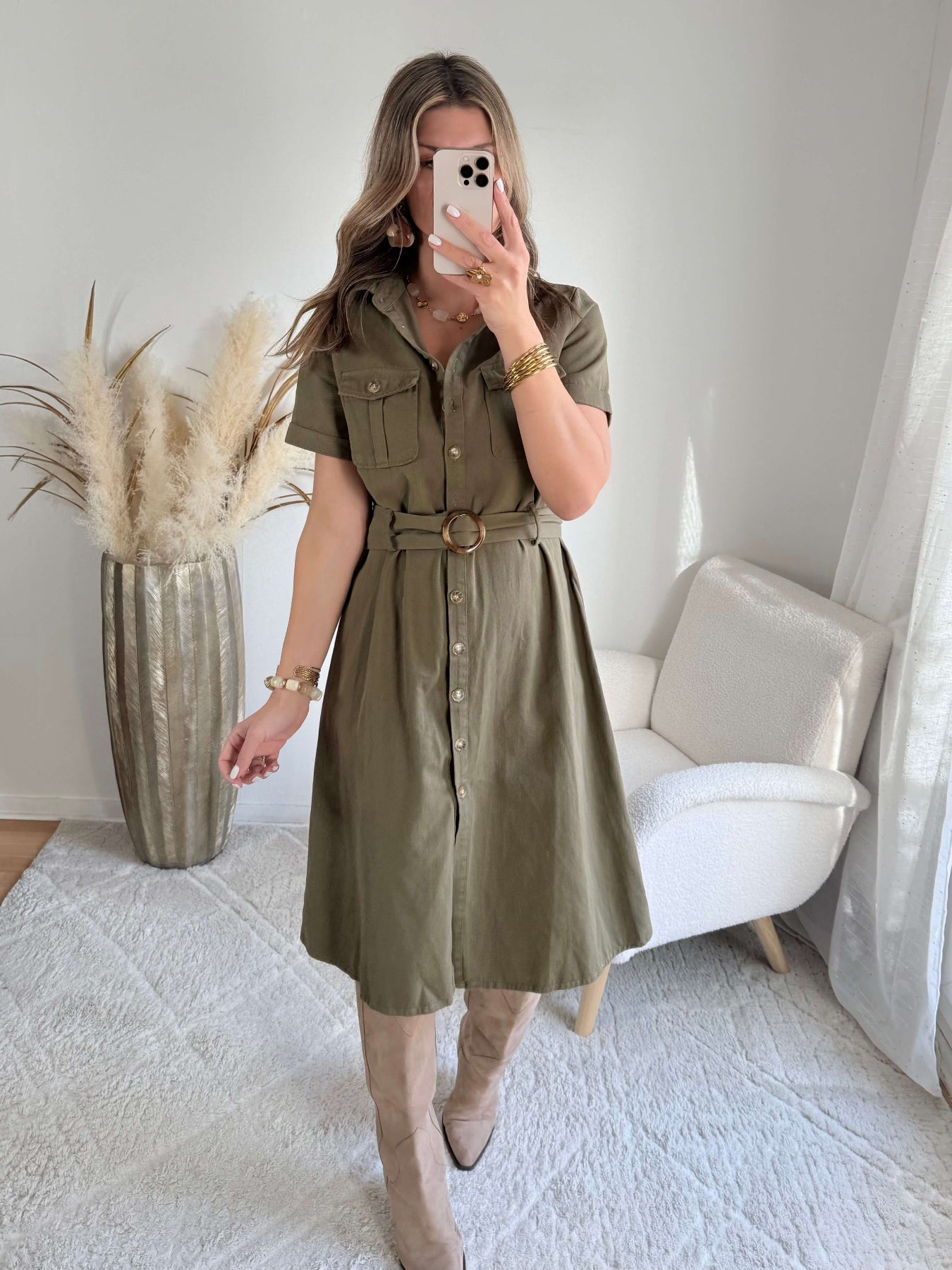 Robe chemise kaki coupe midi taille marquée élégante du 36 au 50 Easy Dressing