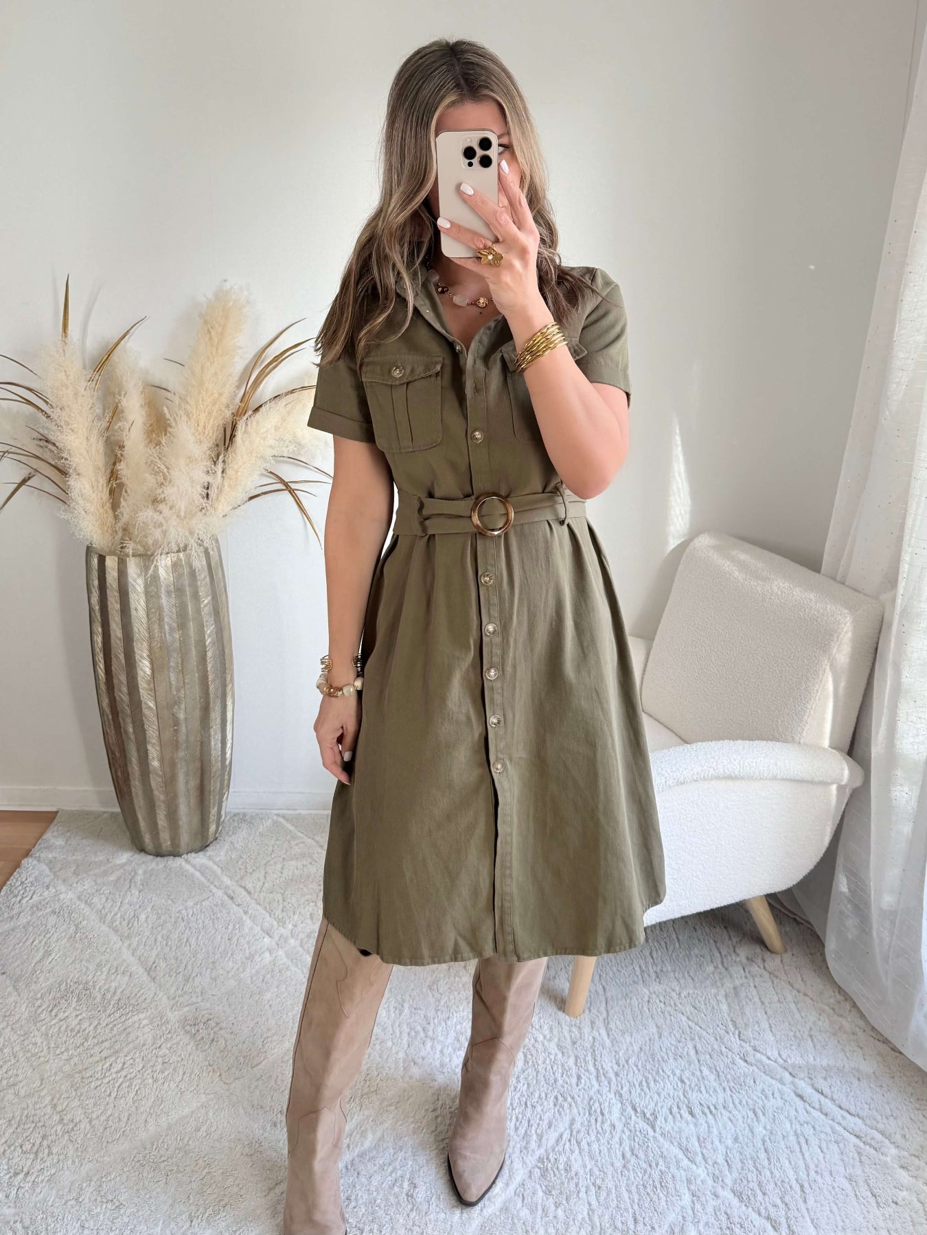 Robe chemise kaki coupe midi taille marquée élégante du 36 au 50 Easy Dressing