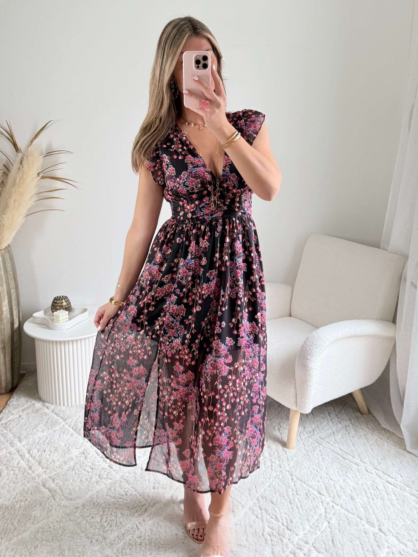 Robe fendue fleurie dorée - Lya