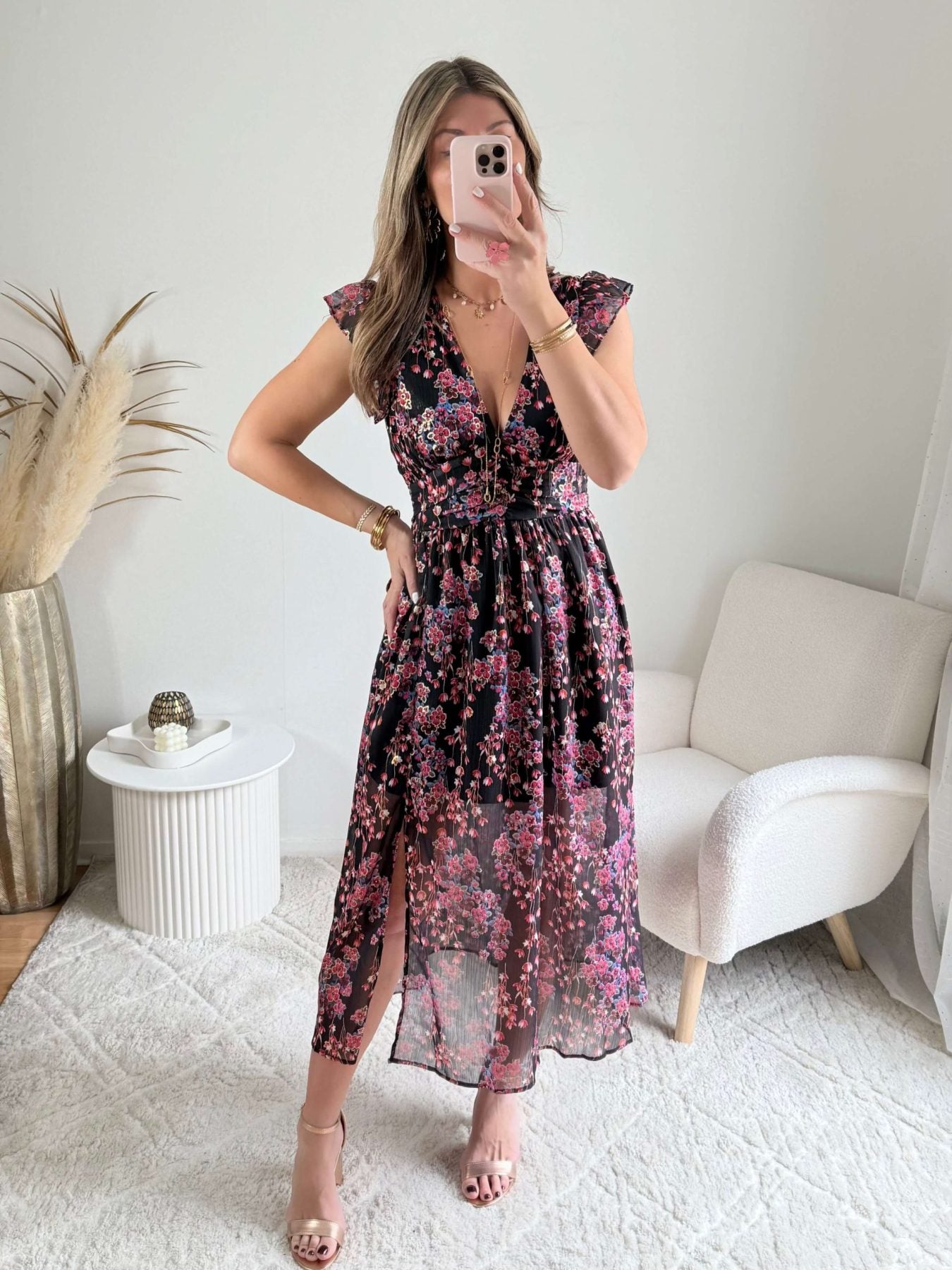 Robe fendue fleurie dorée - Lya