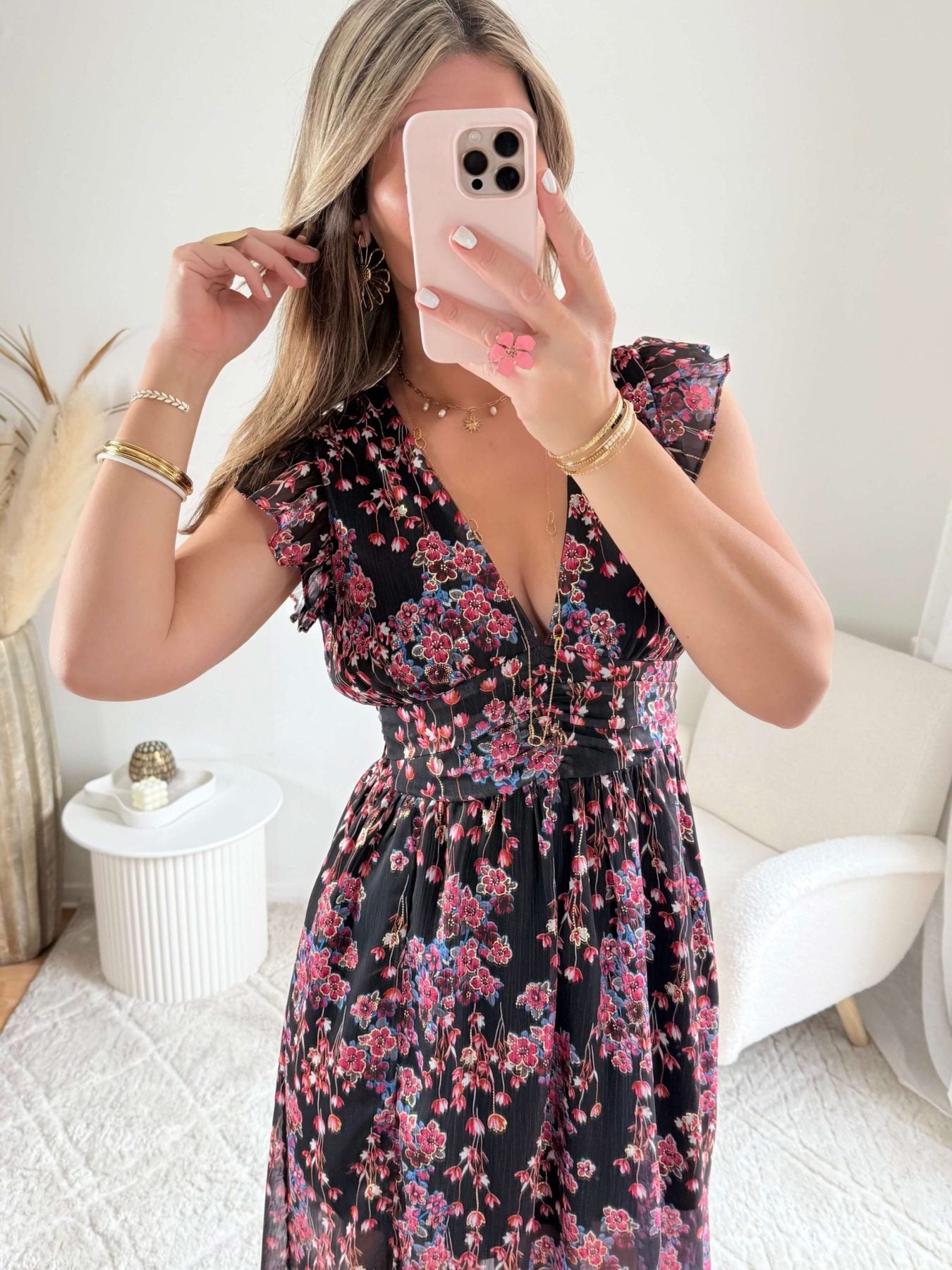 Robe fendue fleurie dorée - Lya