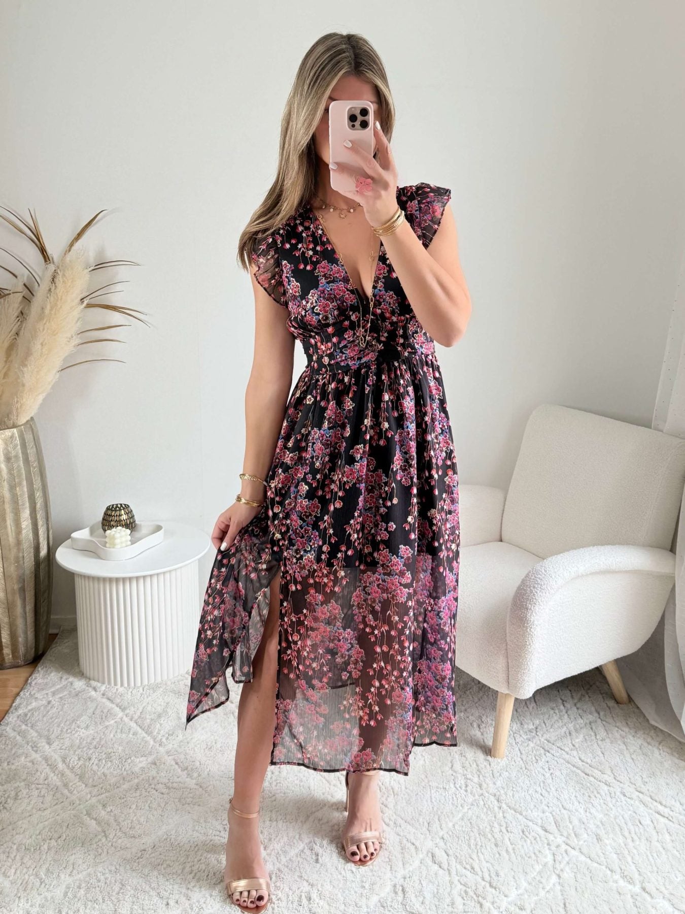 Robe fendue fleurie dorée - Lya