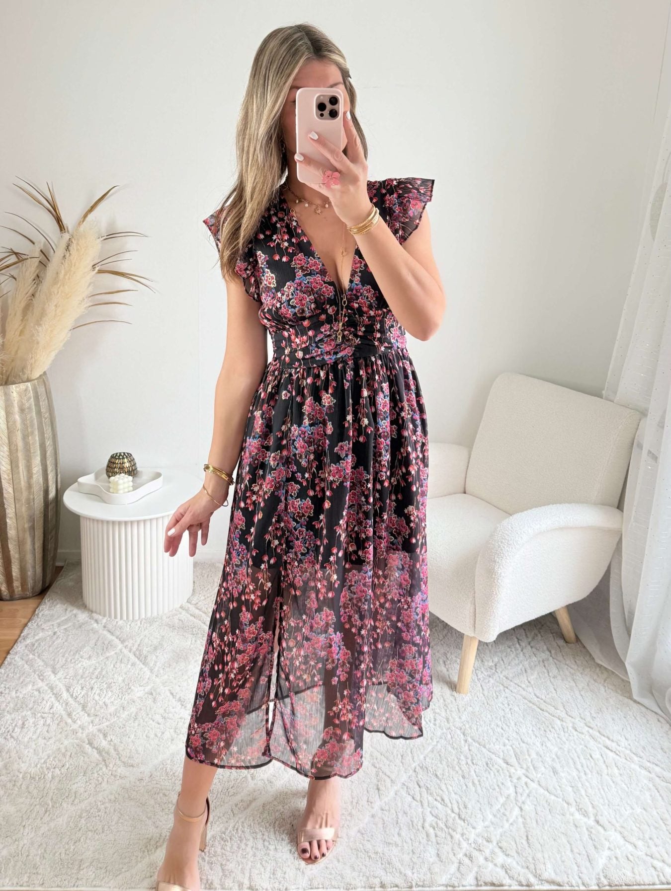 Robe fendue fleurie dorée - Lya