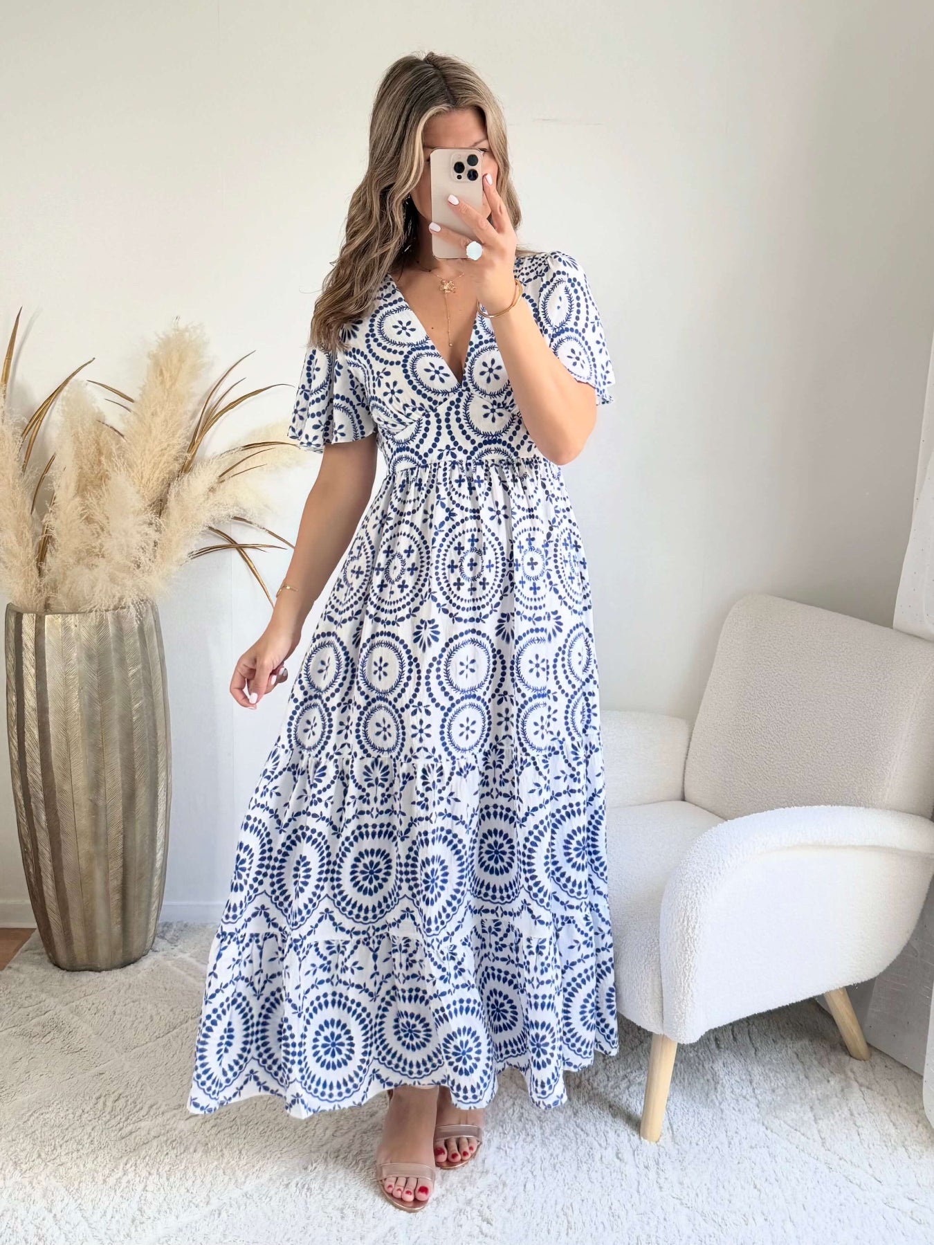 Robe longue bleue - Riviera style bohème chic manches fluides et décolleté cache coeur