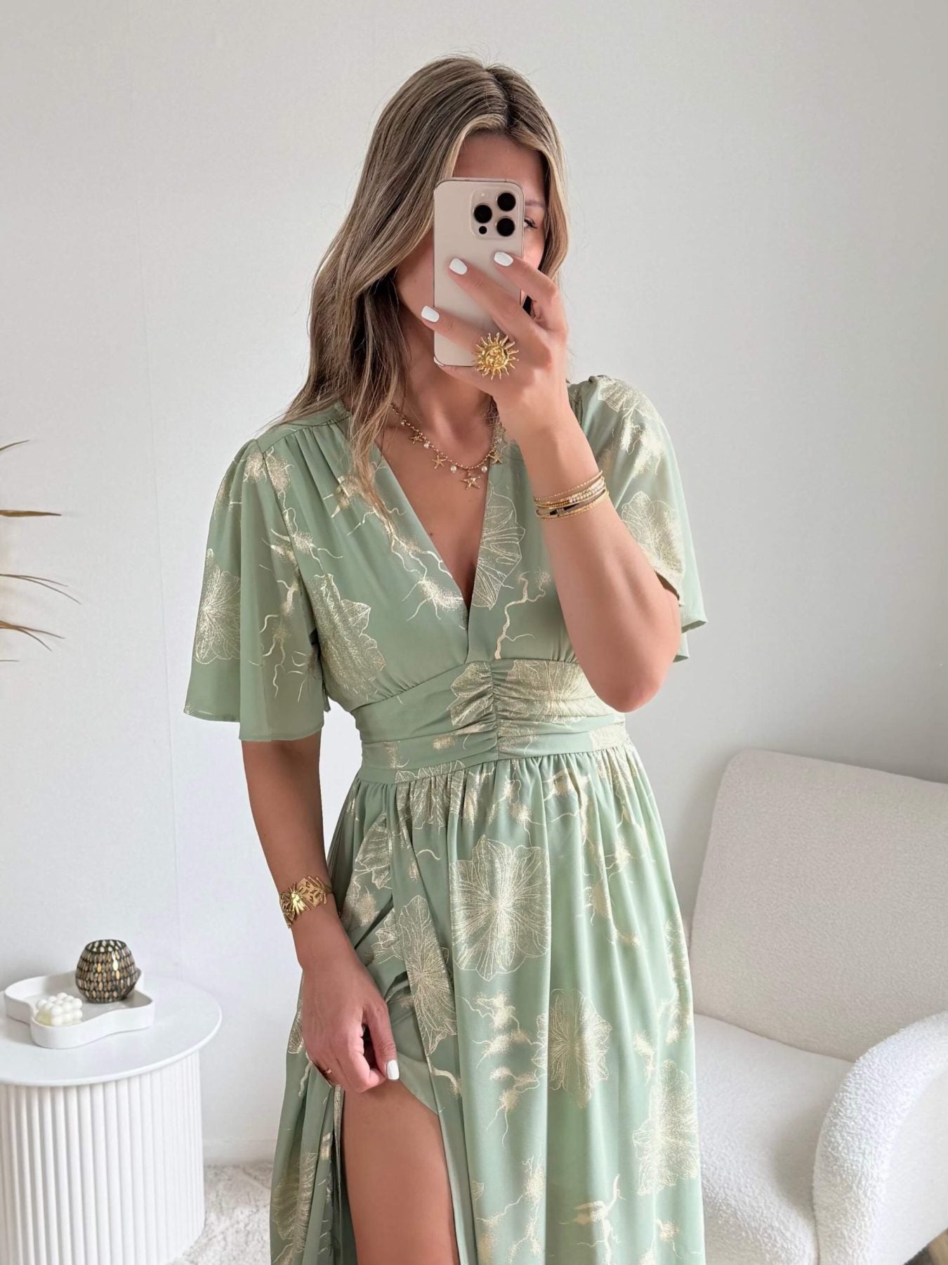 Robe vert sauge dorée - Sarah