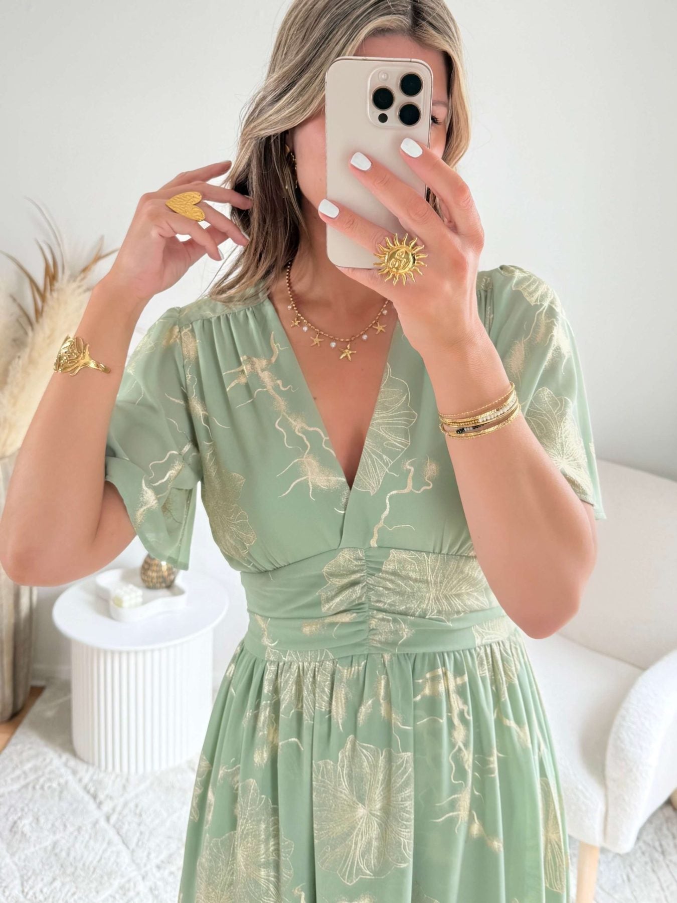 Robe vert sauge dorée - Sarah