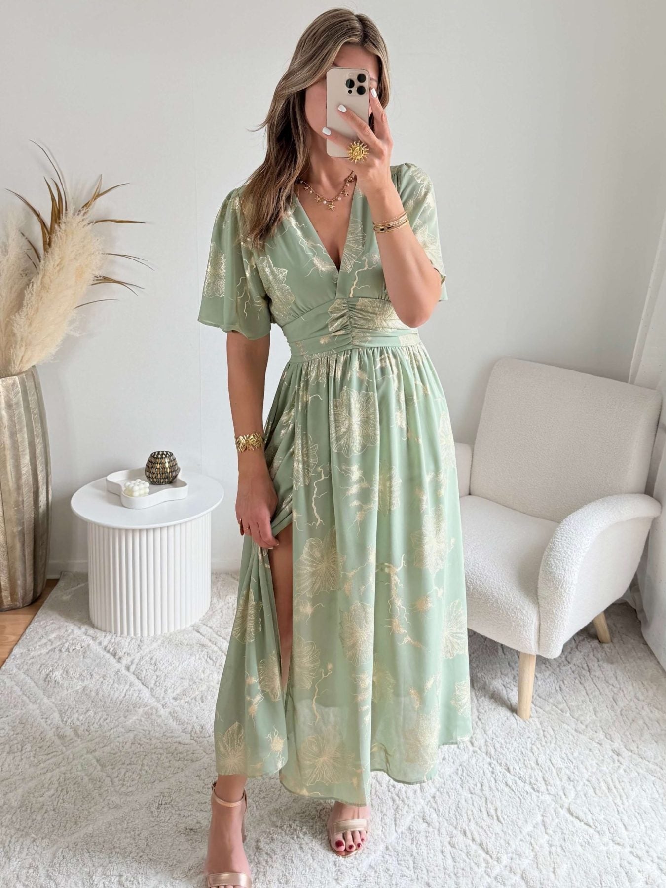 Robe vert sauge dorée - Sarah
