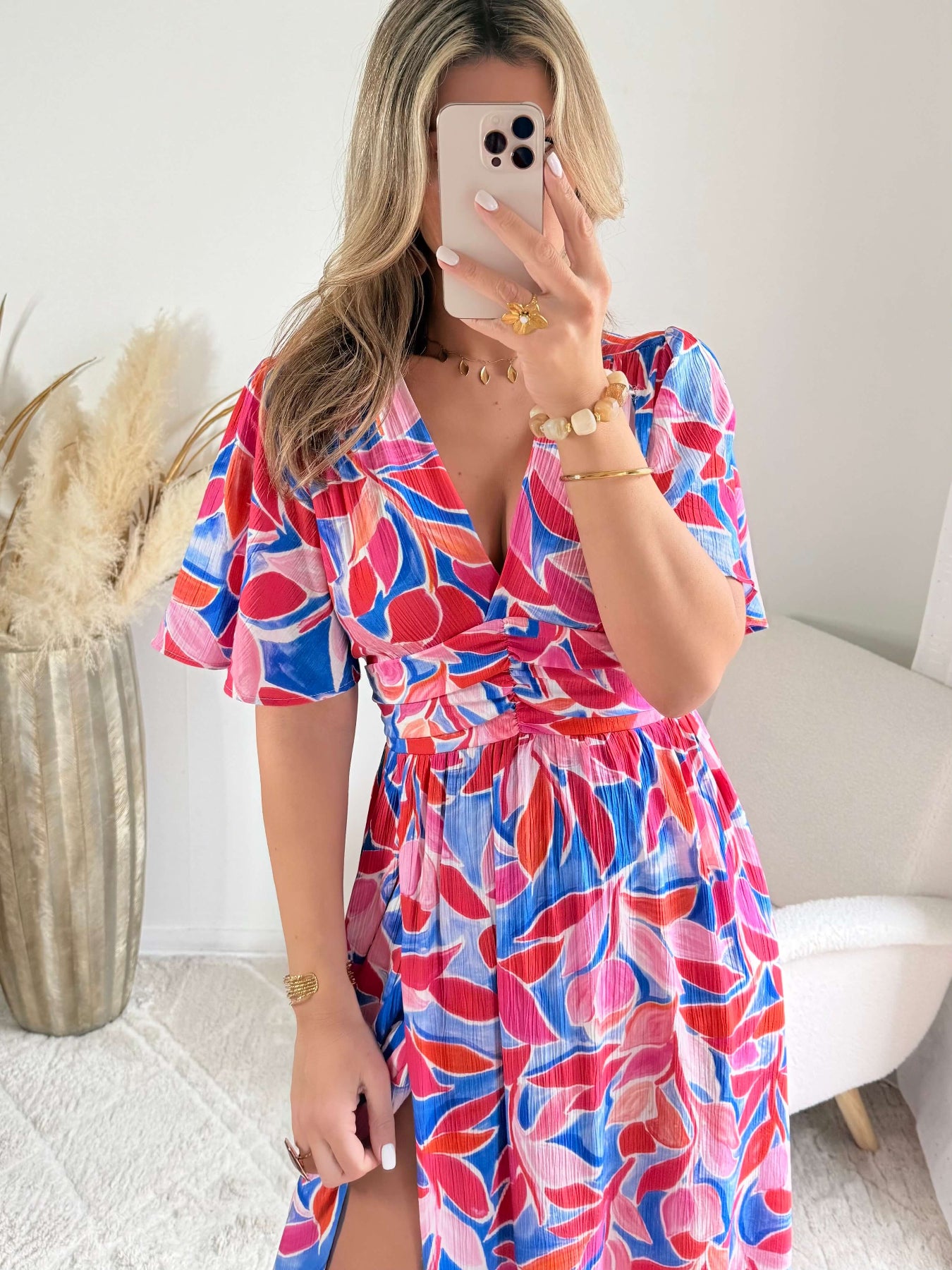 Robe longue fendue Indira imprimé bohème rose et violet portée modèle du 36 au 50 - Easy Dressing