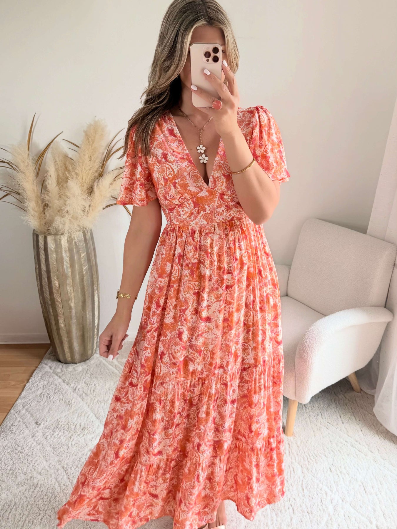 Robe longue corail - Lyana du S au 4XL manches fluides et décolleté croisé