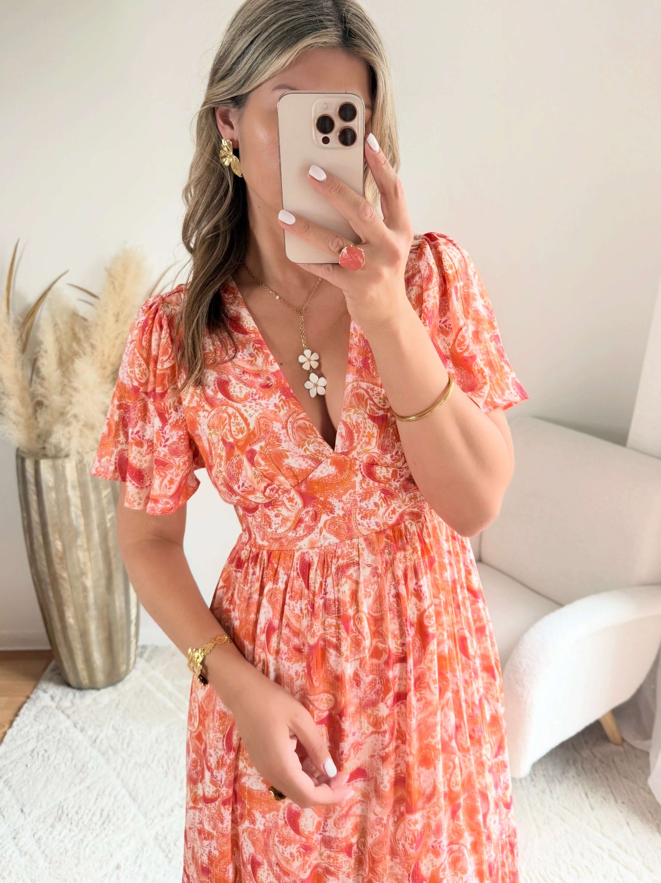 Robe longue corail - Lyana du S au 4XL manches fluides et décolleté croisé