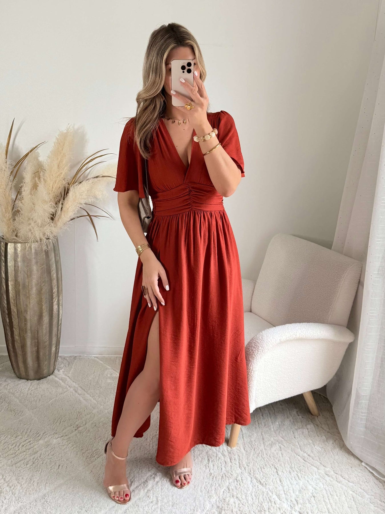 Robe Diana fendue longue terracotta bohème chic du S au 4XL - Easy Dressing