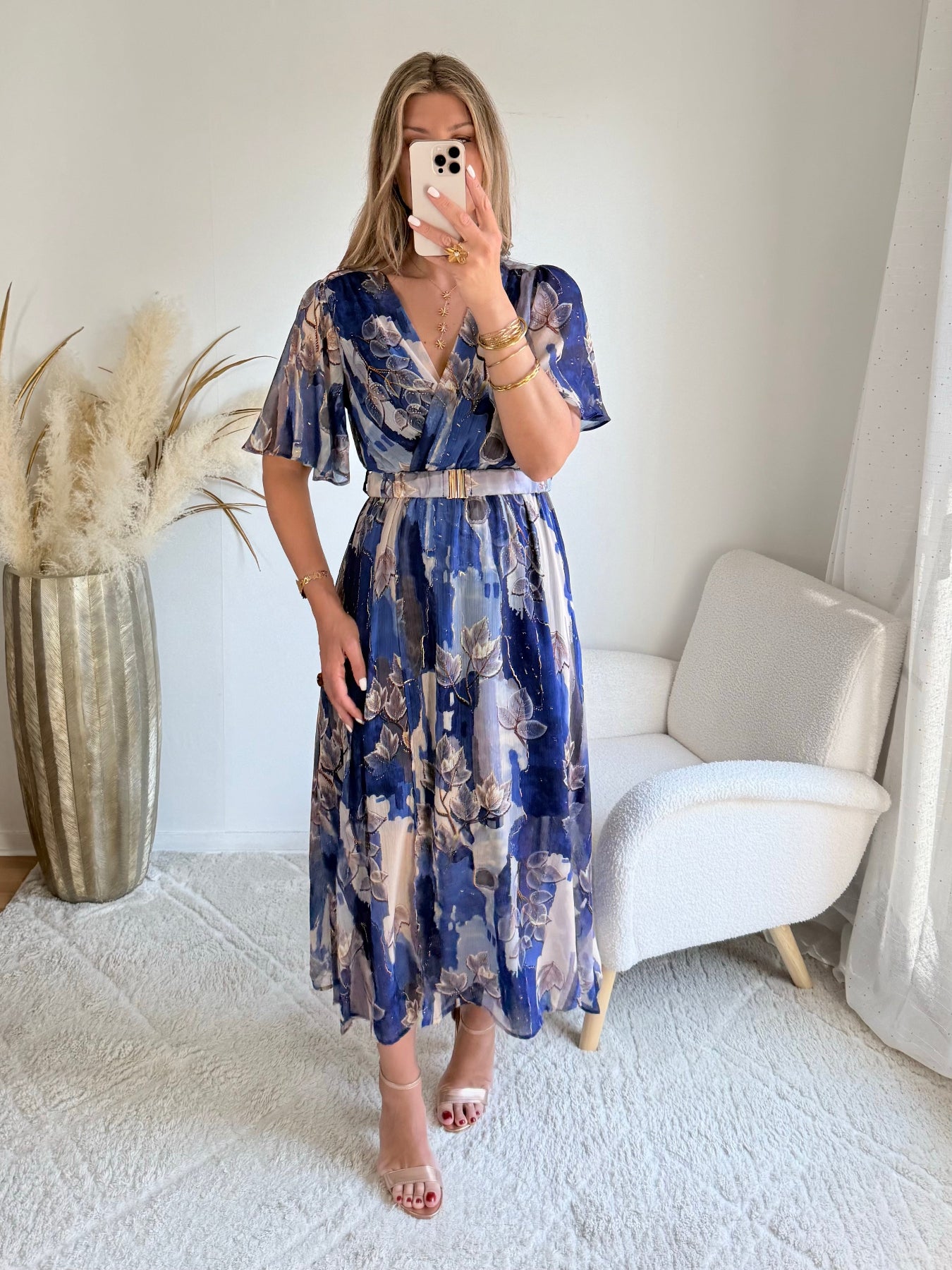 robe longue grande taille imprimée bleu doré femme coupe portefeuille fluide fendue du S au 4XL Mona