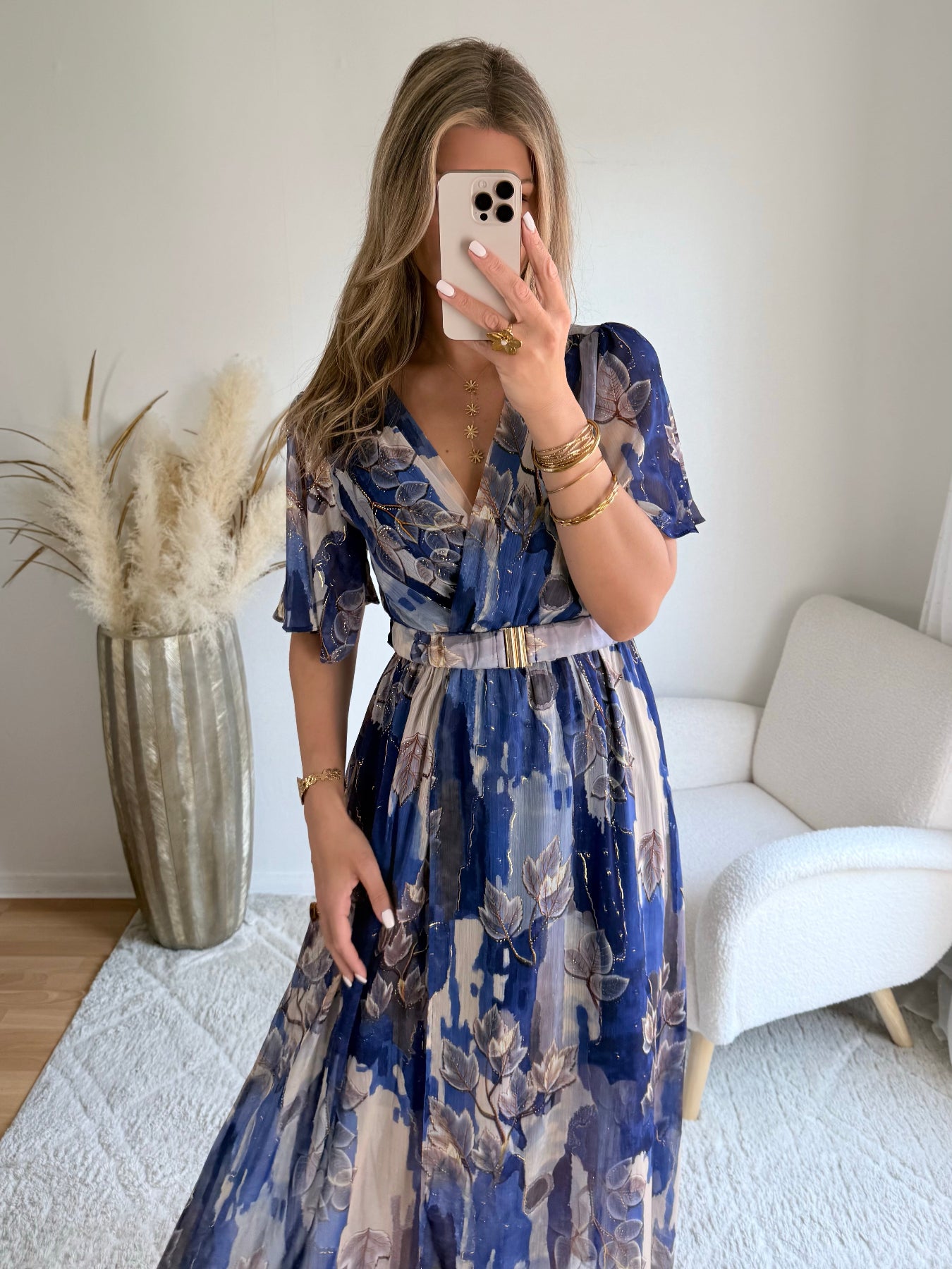 robe longue grande taille imprimée bleu doré femme coupe portefeuille fluide fendue du S au 4XL Mona