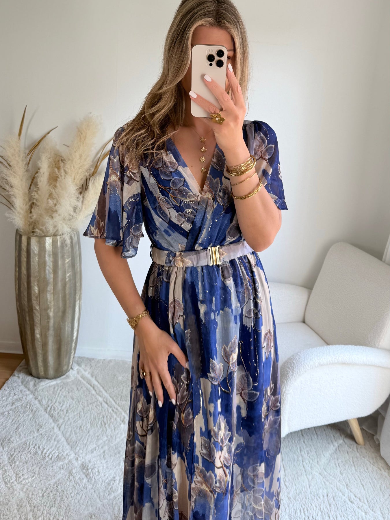 robe longue grande taille imprimée bleu doré femme coupe portefeuille fluide fendue du S au 4XL Mona