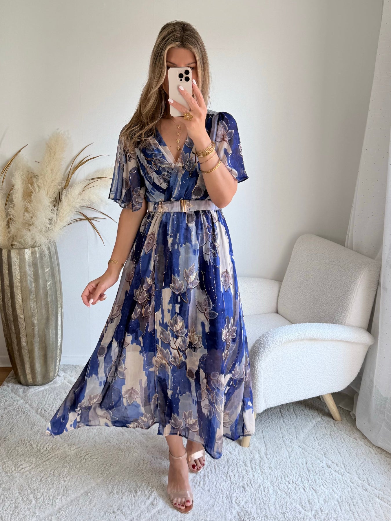 robe longue grande taille imprimée bleu doré femme coupe portefeuille fluide fendue du S au 4XL Mona