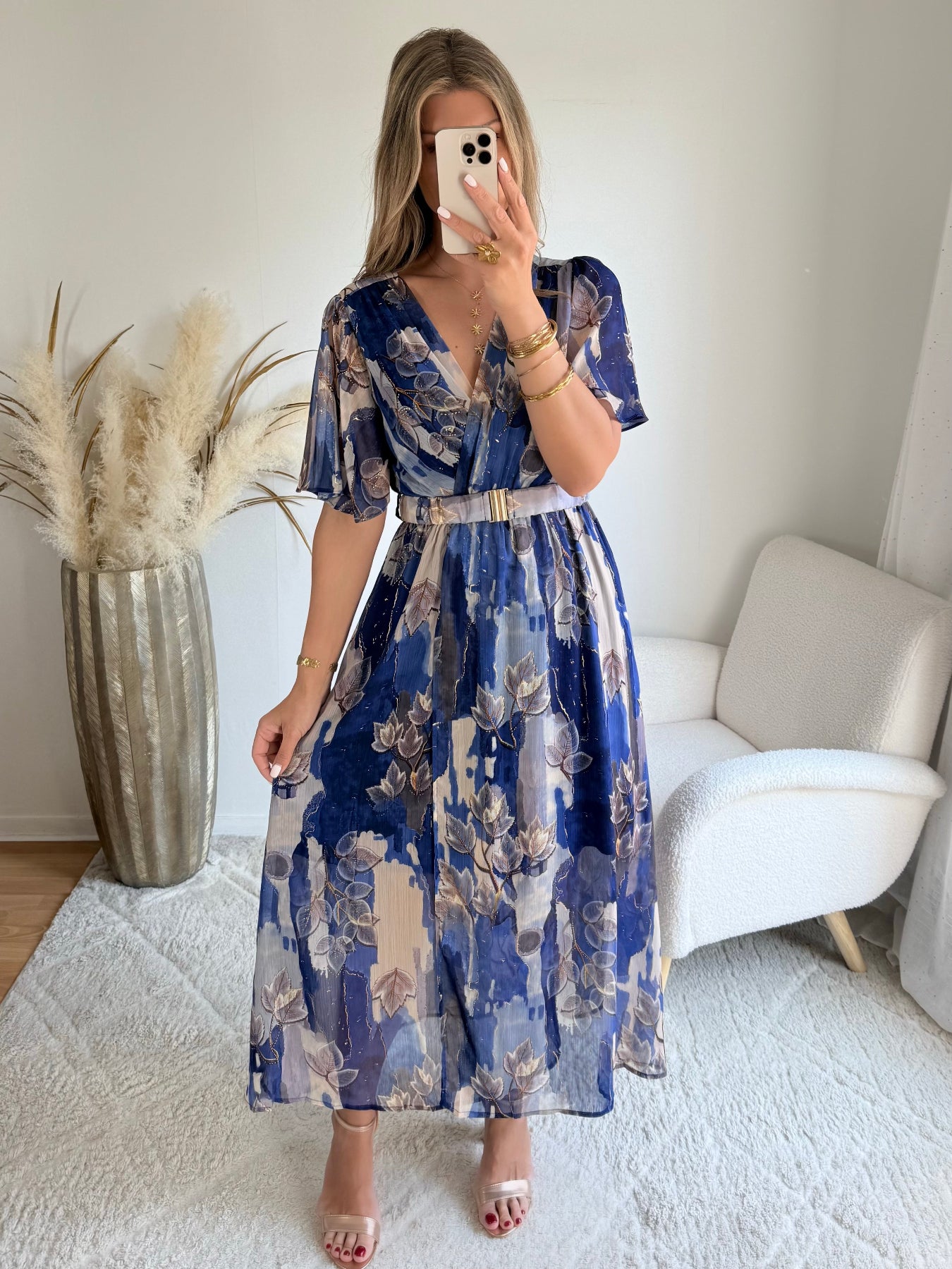 robe longue grande taille imprimée bleu doré femme coupe portefeuille fluide fendue du S au 4XL Mona