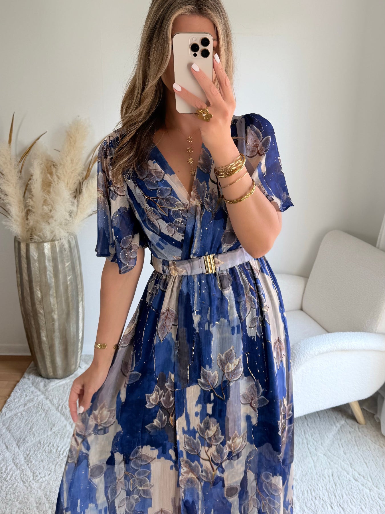 robe longue grande taille imprimée bleu doré femme coupe portefeuille fluide fendue du S au 4XL Mona