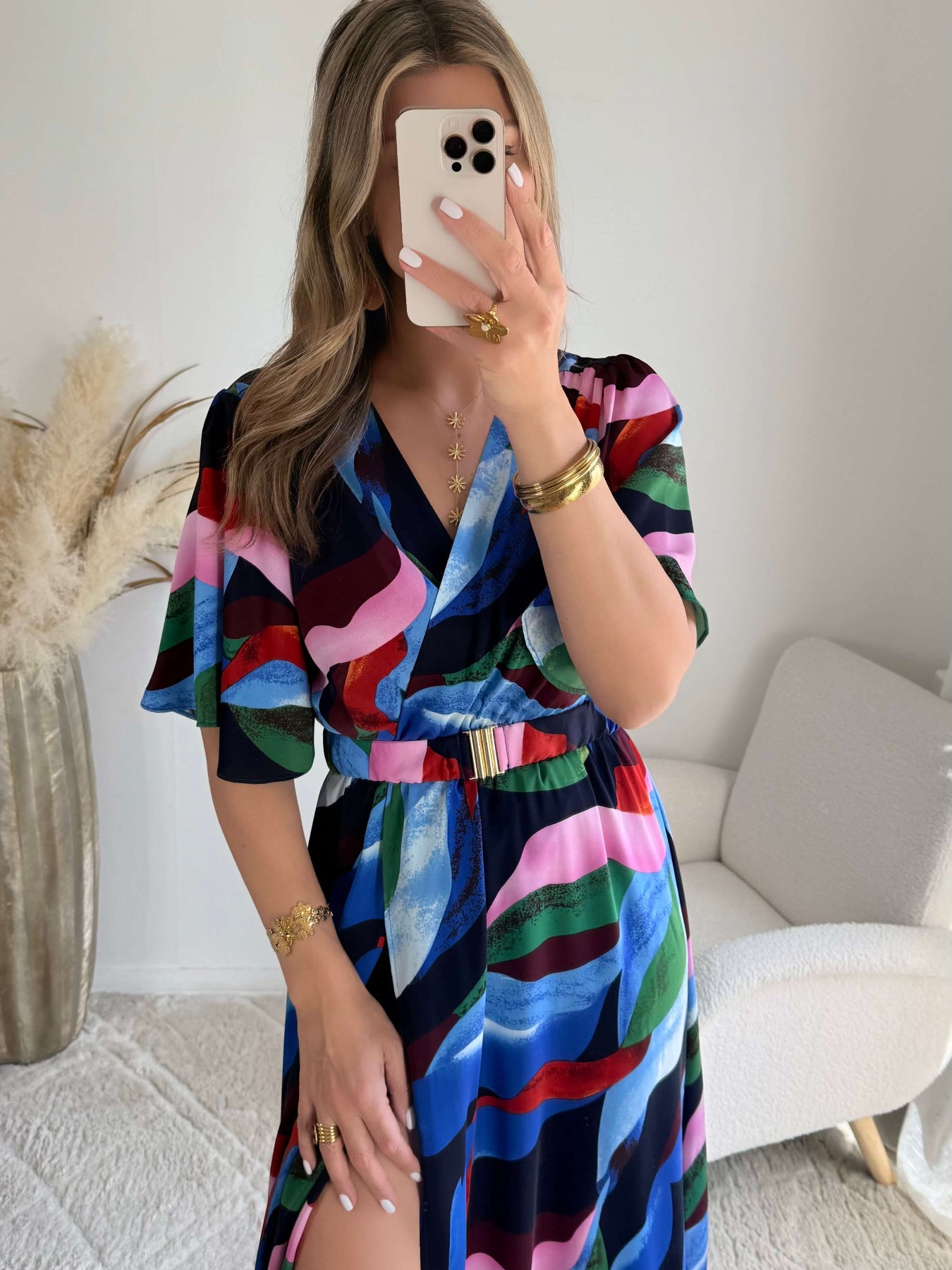 Robe longue bleue et rose fluide fendue femme élégante Easy Dressing