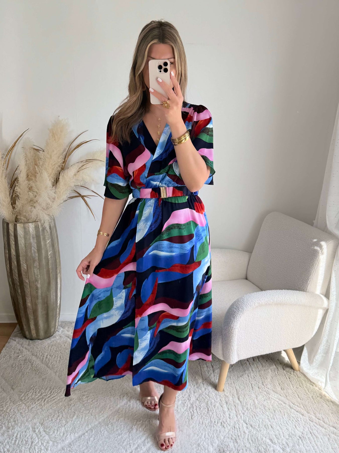 Robe longue bleue et rose fluide fendue femme élégante Easy Dressing