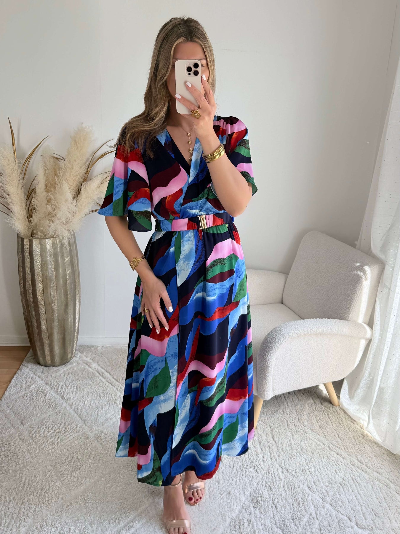 Robe longue bleue et rose fluide fendue femme élégante Easy Dressing