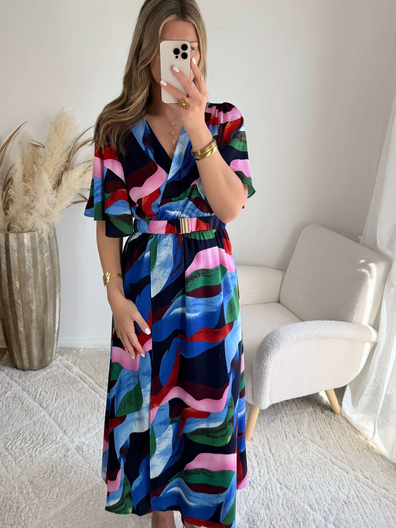 Robe longue bleue et rose fluide fendue femme élégante Easy Dressing