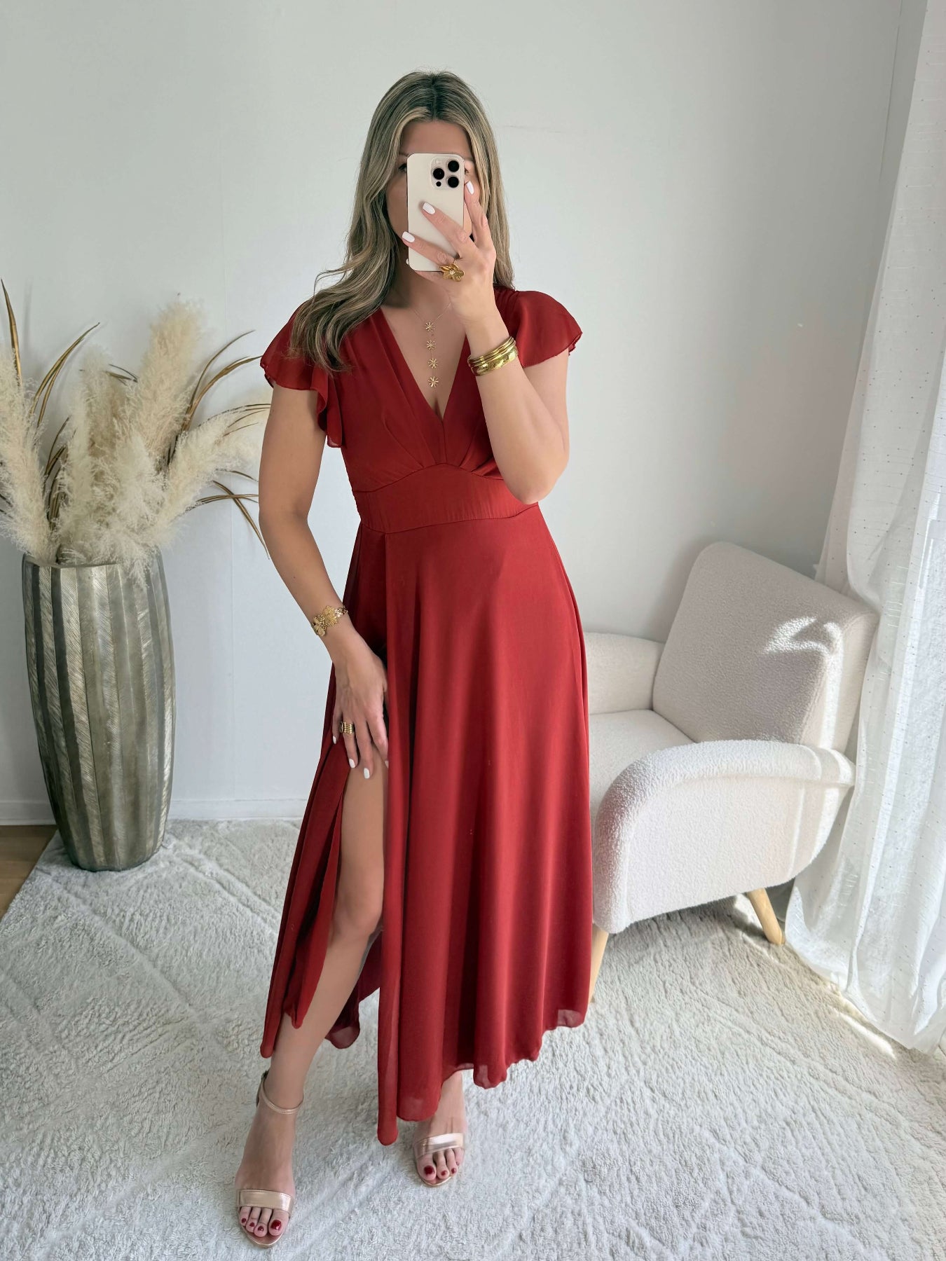 Robe longue terracotta élégante fluide manches courtes et fente sur la jambe Severina