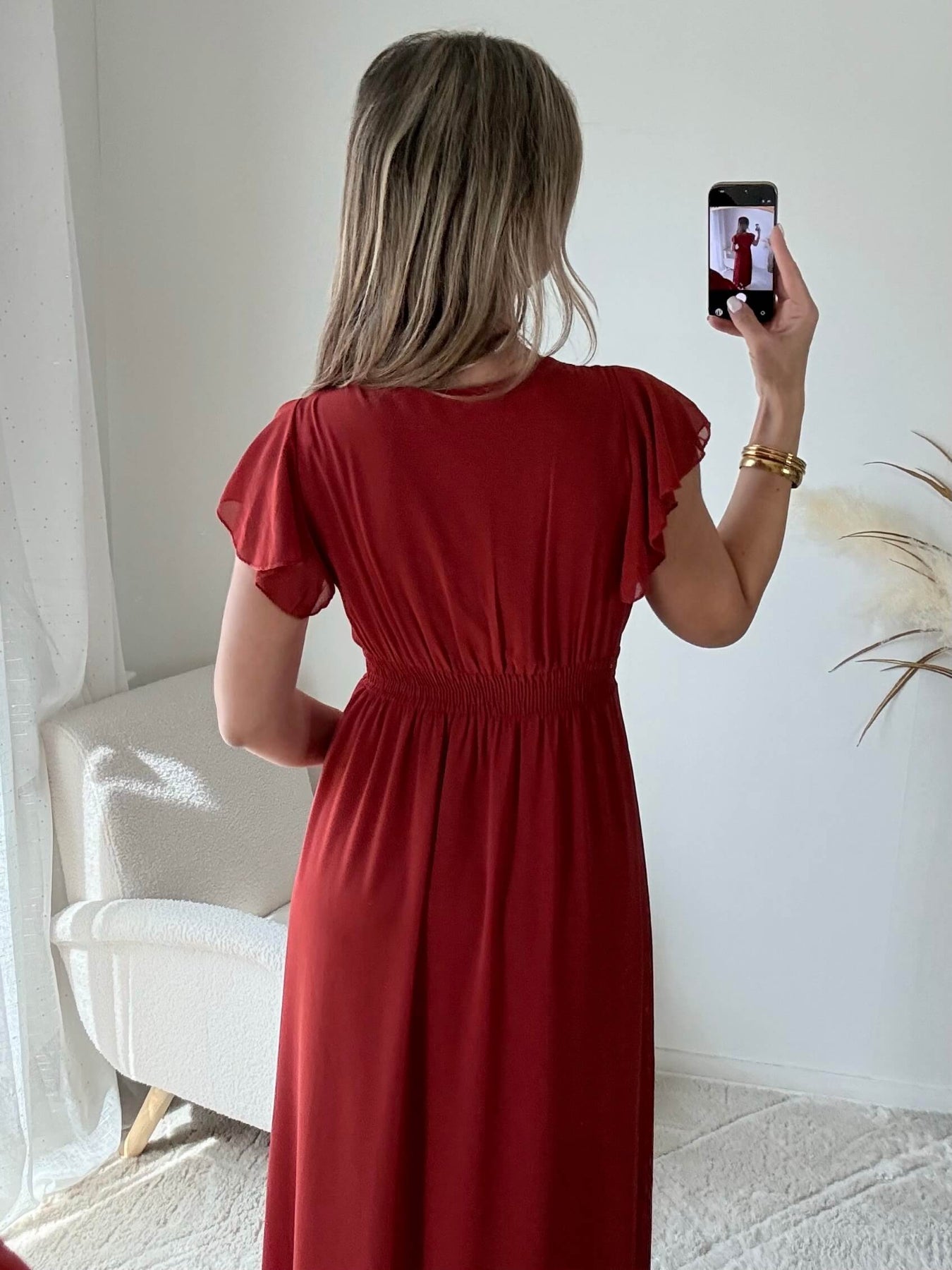 Robe longue terracotta élégante fluide manches courtes et fente sur la jambe Severina