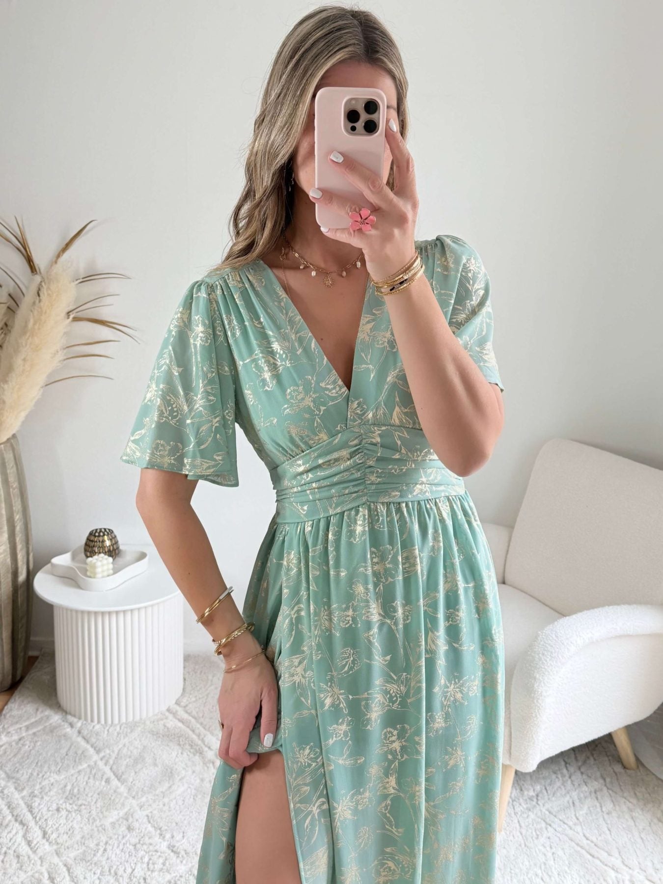 Robe vert d'eau dorée - Inès